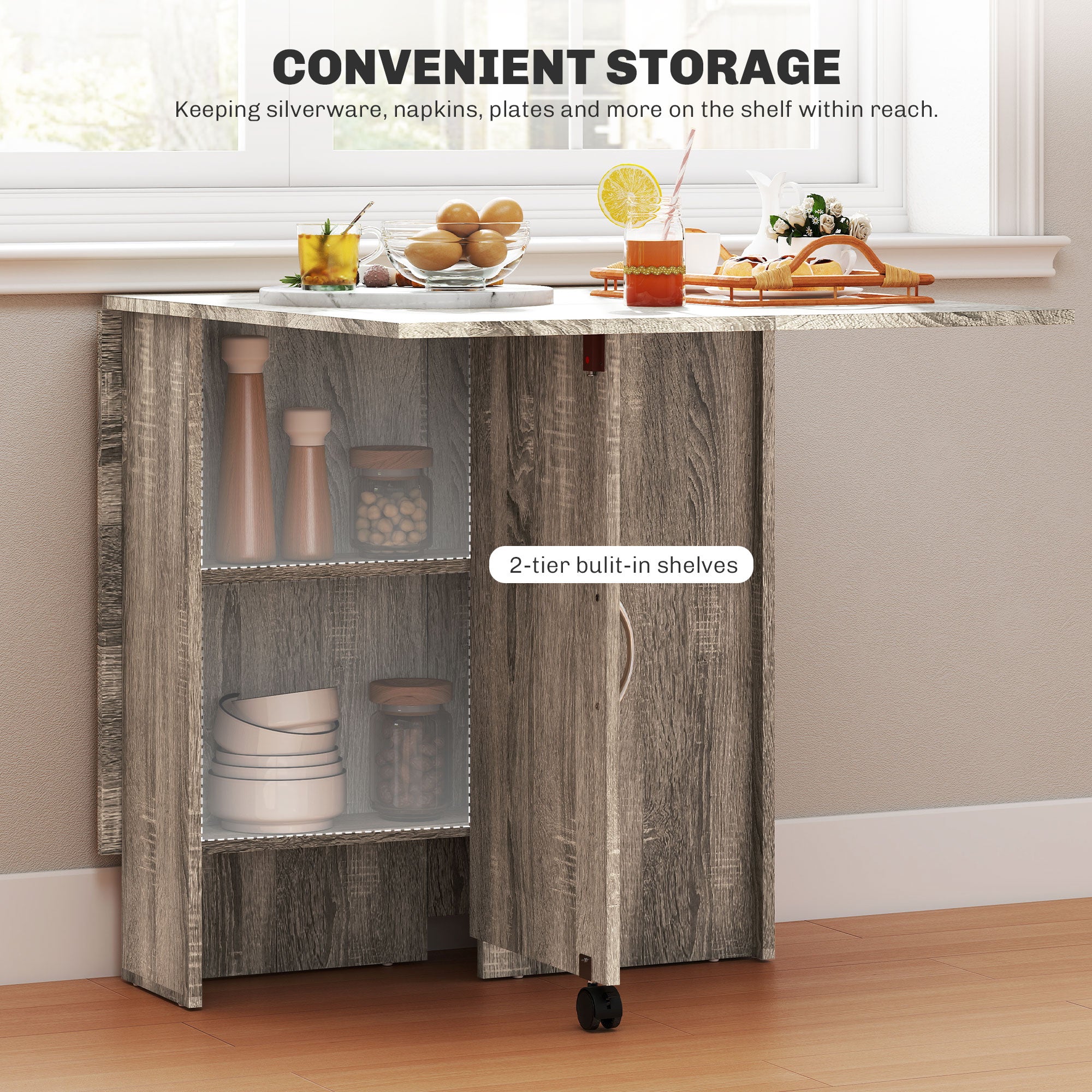 HOMCOM Folding Dining Table, Drop Leaf Table for Small Spaces with 2-tier Shelves, Small Kitchen Table with Rolling Casters, Grey