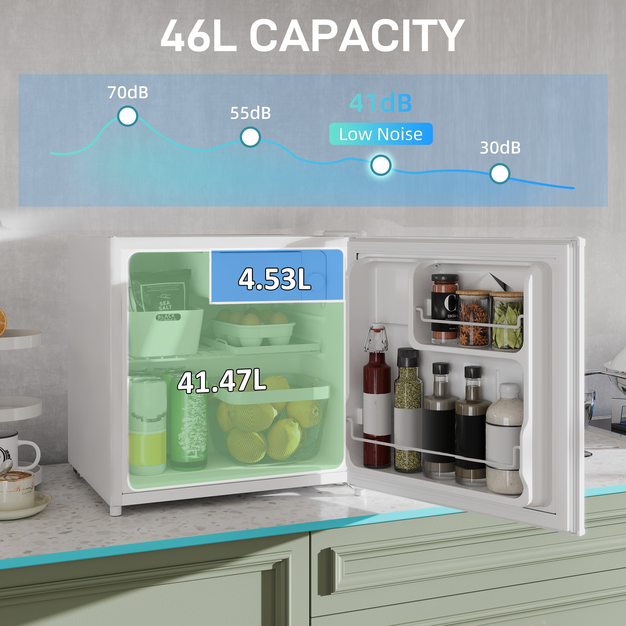 HOMCOM 46 Litre Table Top Mini Fridge, Small Fridge with Ice Box, Reversible Door, Adjustable Temperature and Legs, Mini Fridge for Bedrooms, Home Office, Cream - North Peak Garden Furniture