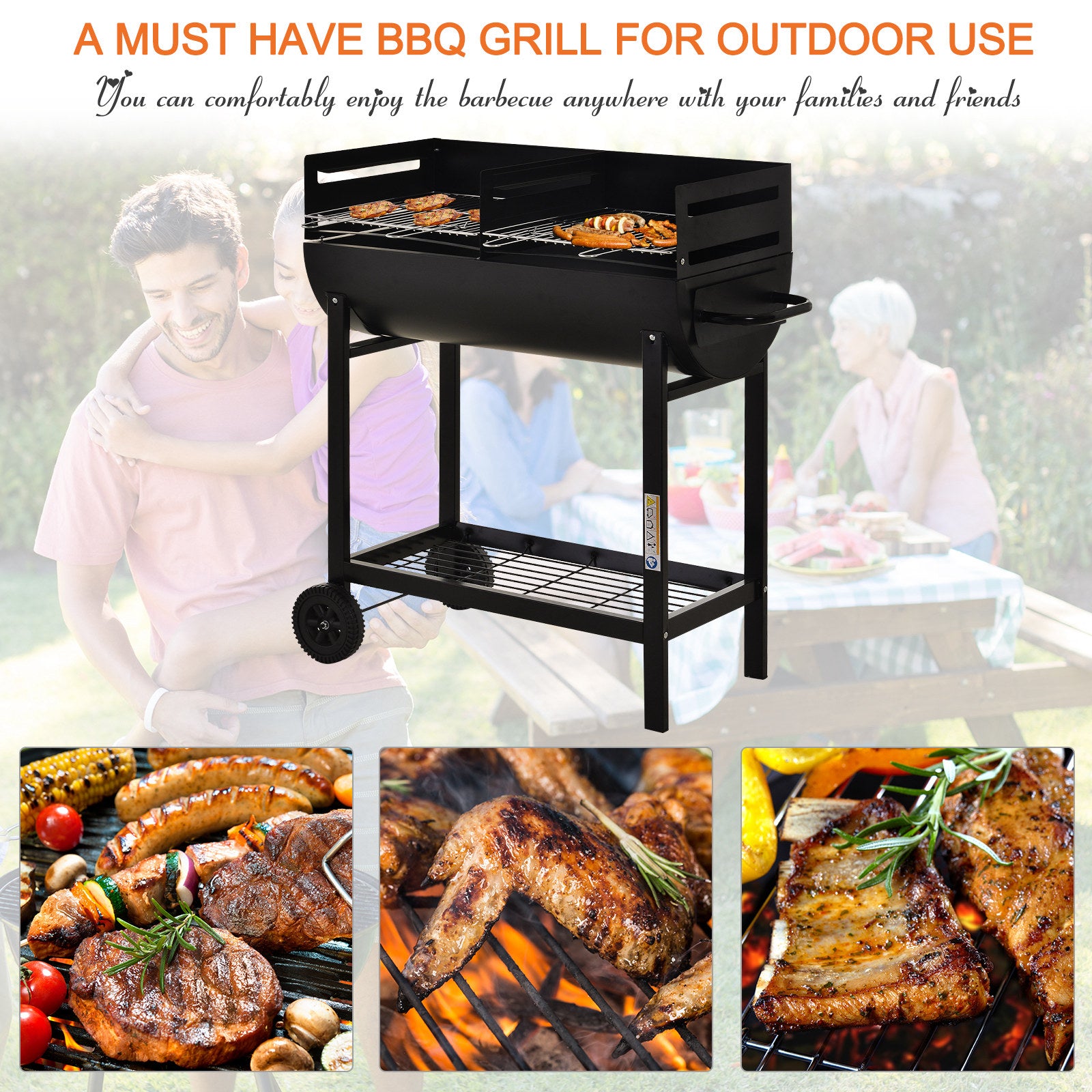 Outsunny Charcoal Barbecue Grill Garden BBQ Trolley w/ Dual Grill, Adjustable Grill Nets, Heat-resistant Steel, Wheels, Black