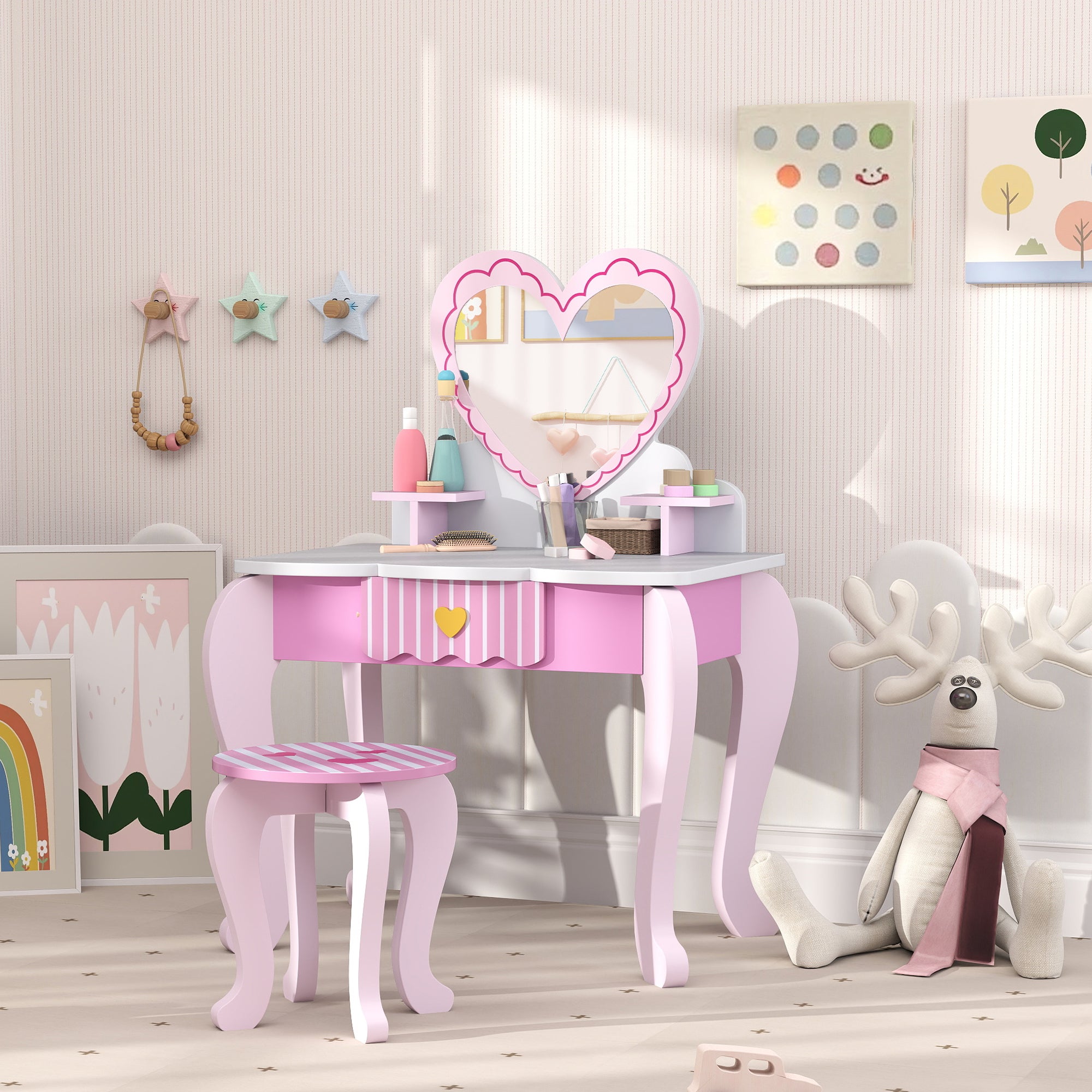 AIYAPLAY Kids Dressing Table Set, Vanity Table with Stool, Mirror, Drawer, Desktop Storage, Heart Theme, Pink - North Peak Garden Furniture