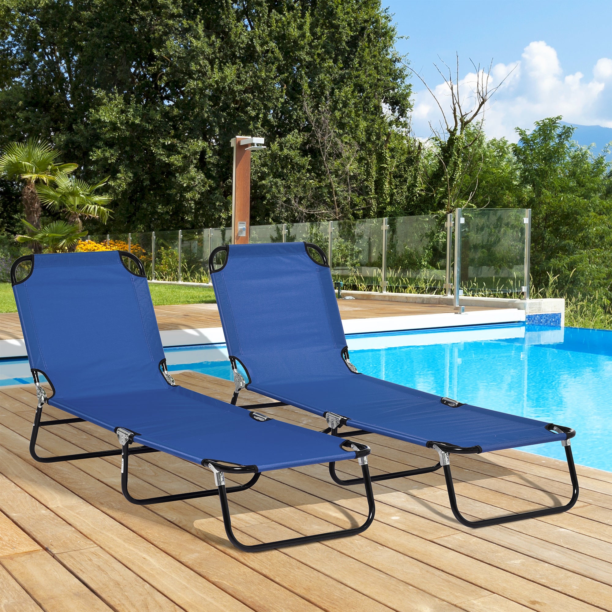 Outsunny Set of Two Metal Frame Folding Sun Loungers - Blue