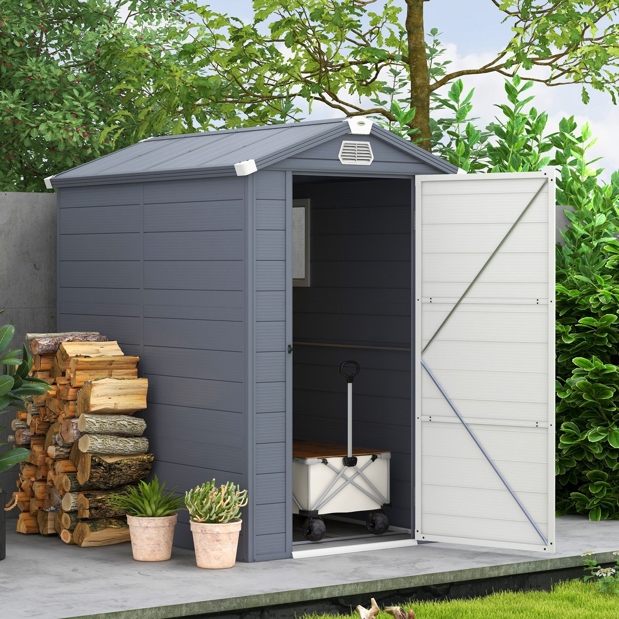 Outsunny 4.4ft x 6.2ft Aluminium Frame and Plastic Wall Shed, with Foundation - Grey - North Peak Garden Furniture