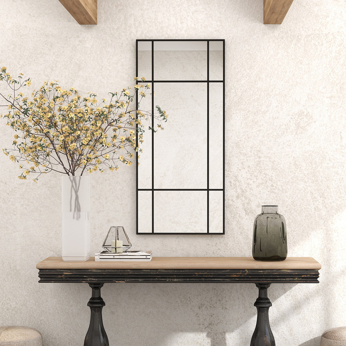 HOMCOM Decorative Grid Wall Mirror, with Back Hooks - Black