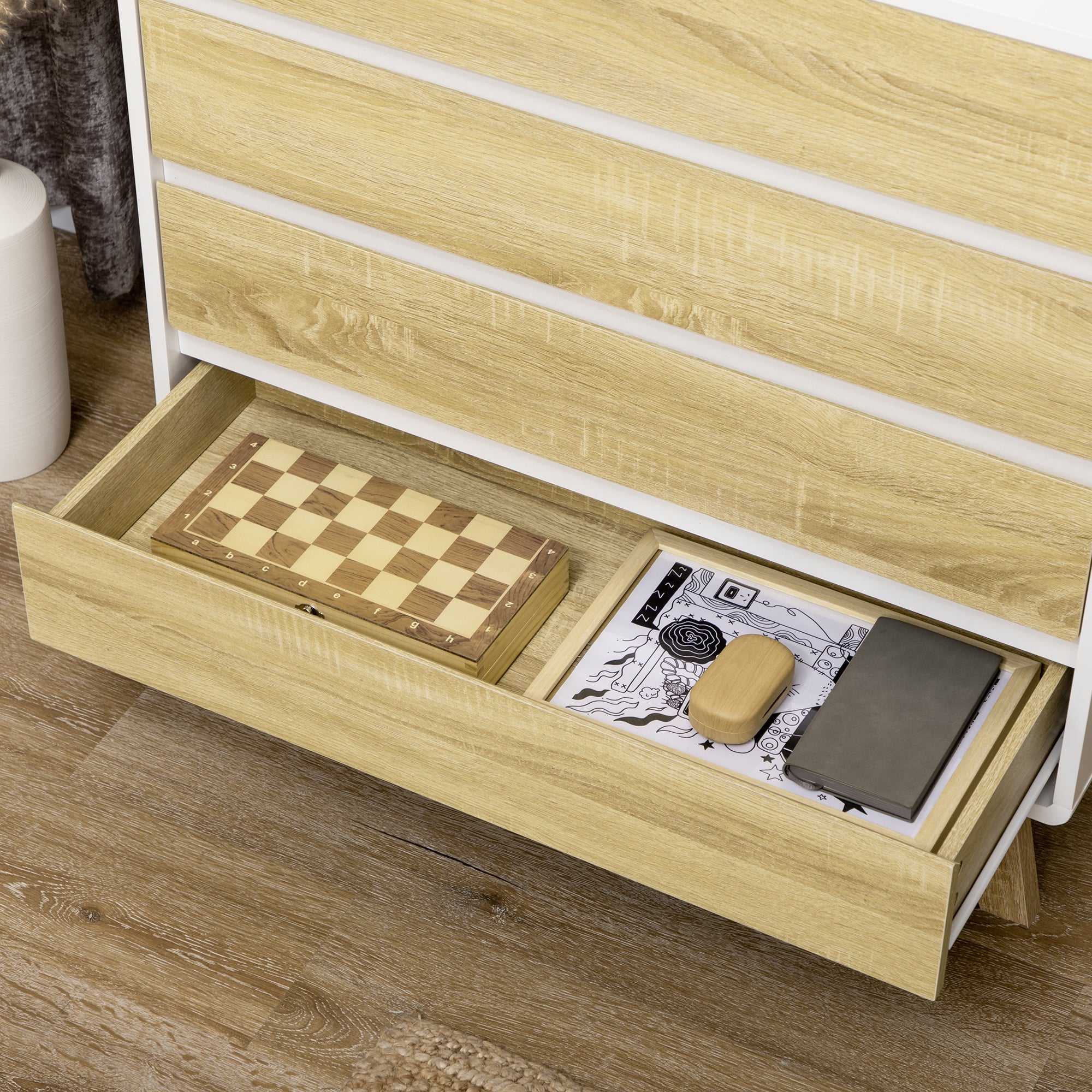 HOMCOM Drawer Chest, 4-Drawer Storage Organiser for Bedroom, Living Room, 80cmx40cmx79.5cm, White and Natural - North Peak Garden Furniture