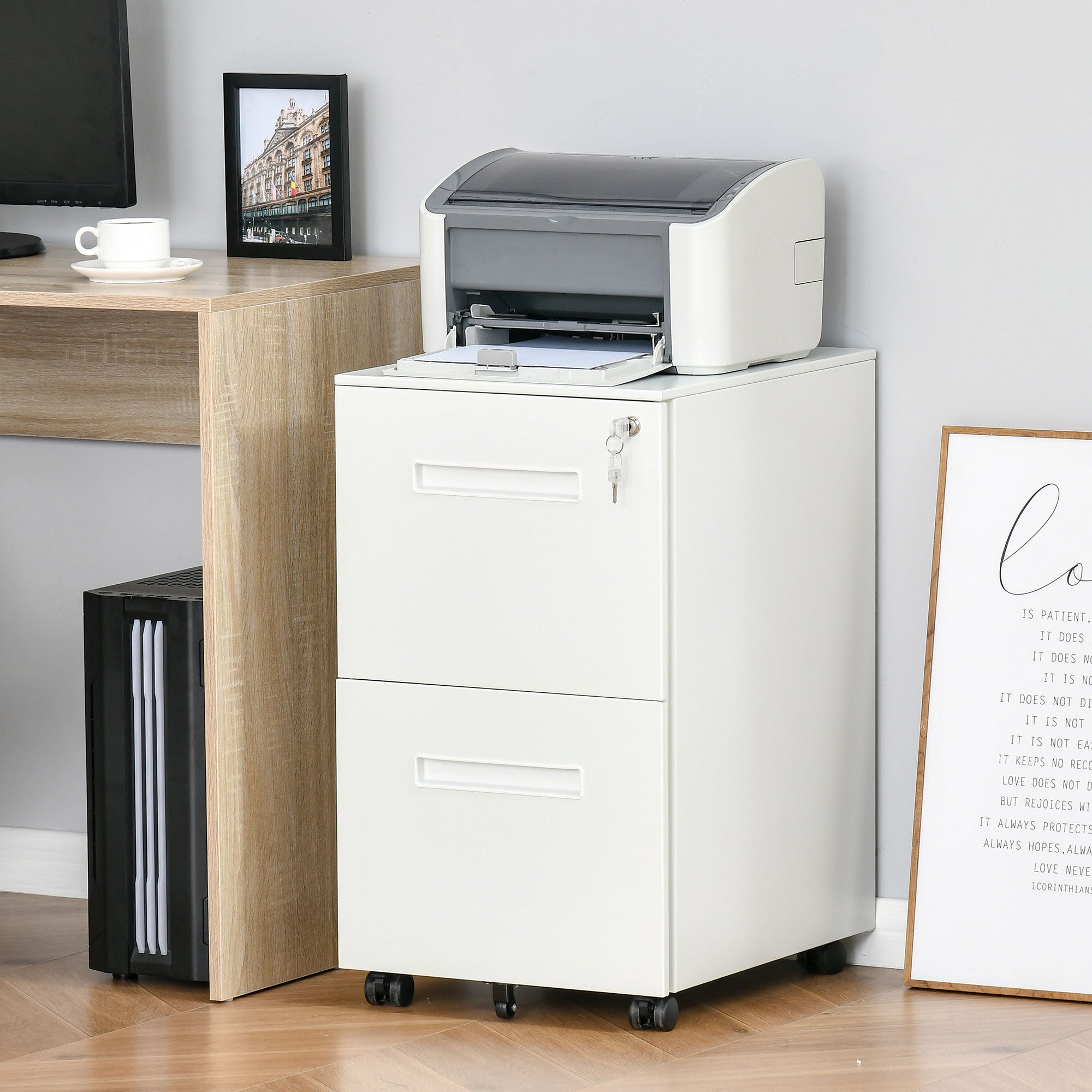 Vinsetto Mobile Steel File Cabinet, 2-Drawer Filing Cabinet, Vertical Lockable Home Office Organizer with Adjustable Partition for A4 Letter Size, White - North Peak Garden Furniture