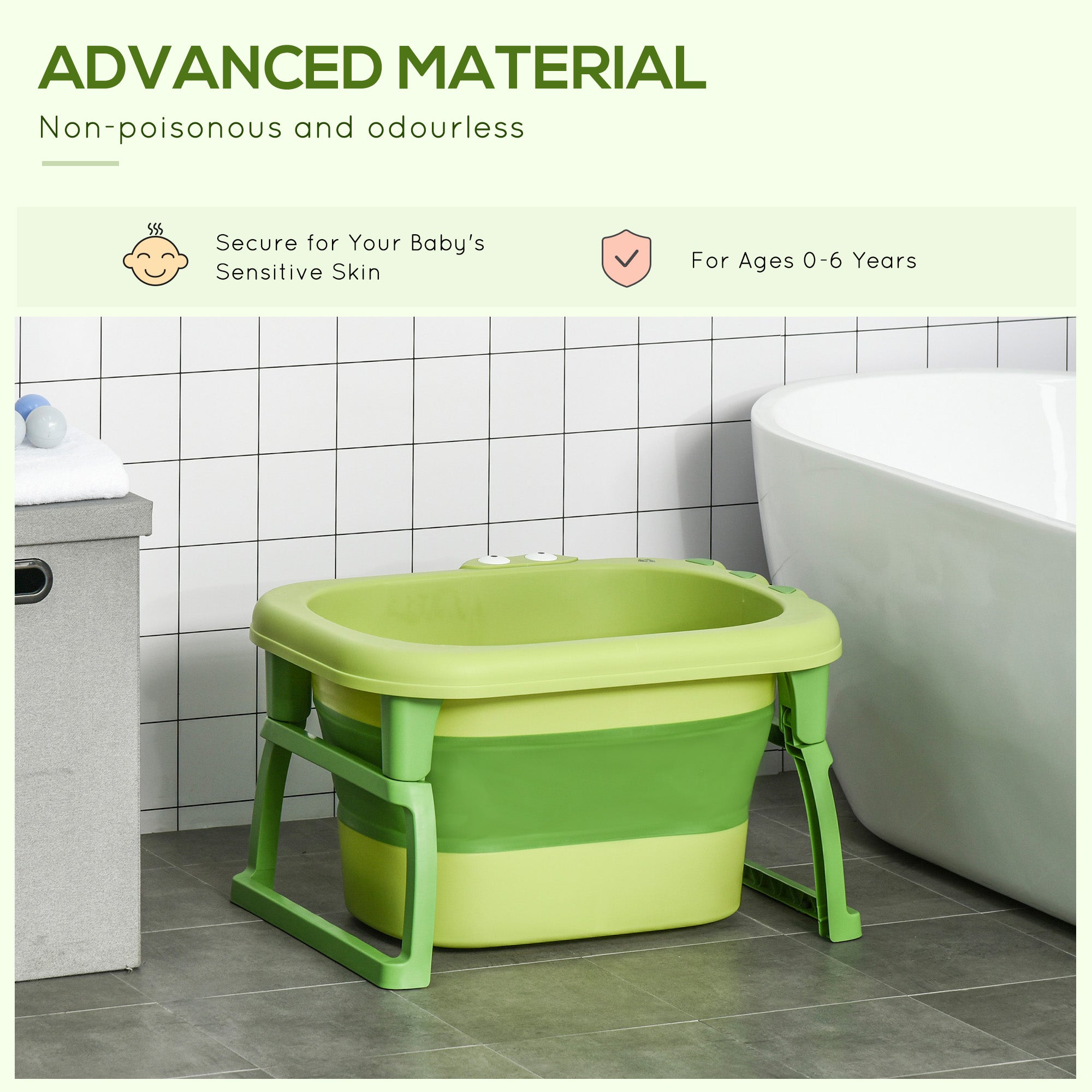 HOMCOM Foldable Baby Bathtub, with Stool - Green - North Peak Garden Furniture