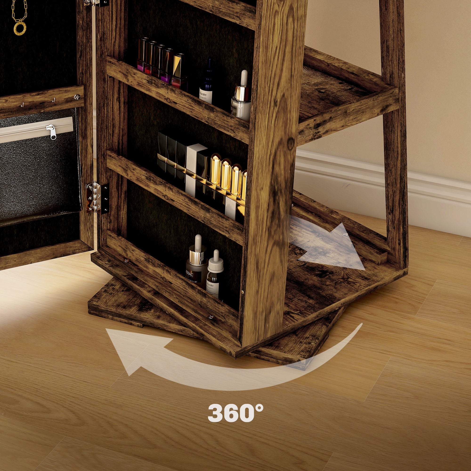 HOMCOM 360° Swivel Jewellery Cabinet, Mirror Armoire, Full Length Mirror, Lockable Jewellery Organiser with Built-In Small Mirror, Rustic Brown - North Peak Garden Furniture
