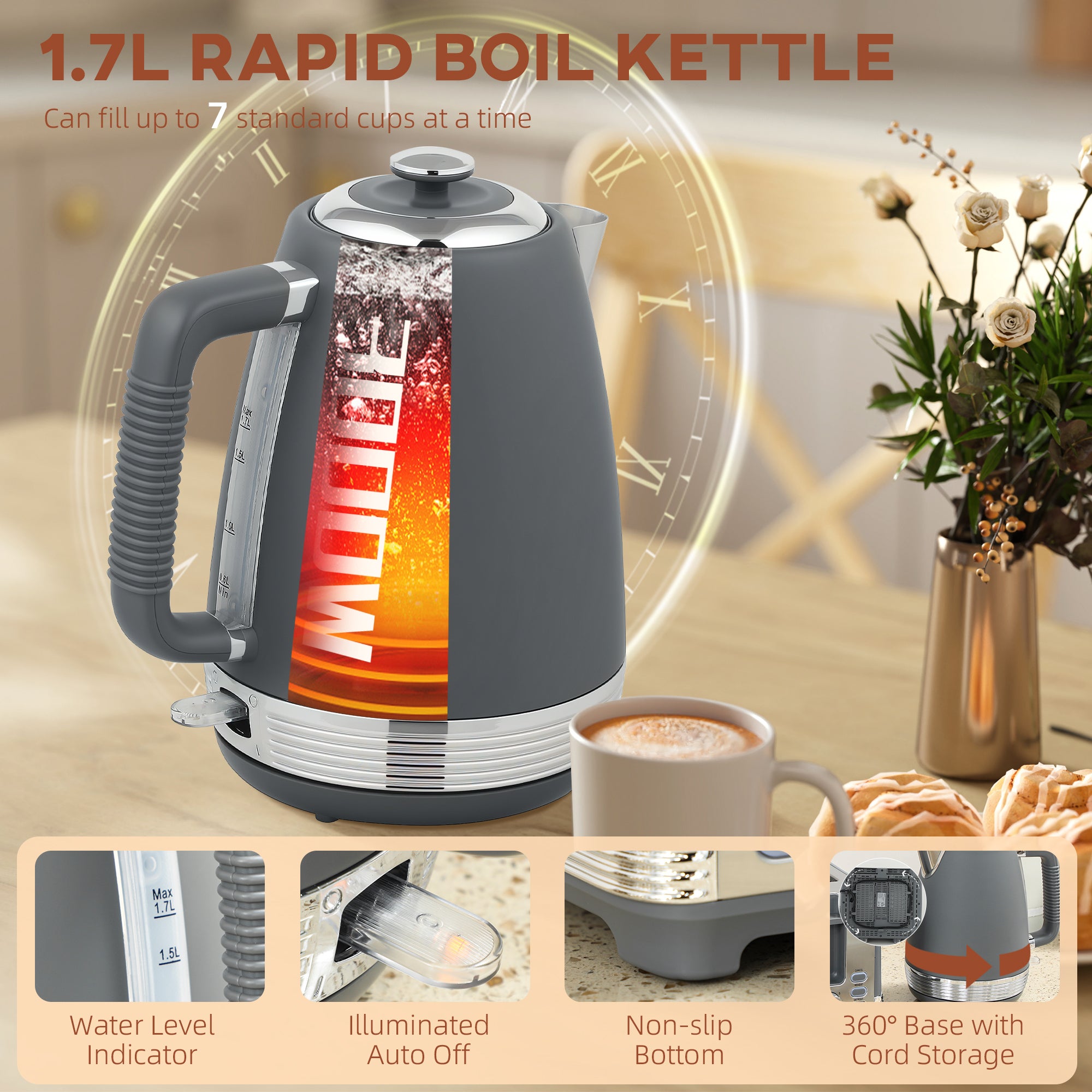 HOMCOM Stainless Steel Kettle and Toaster Set, 1.7L 3000W Rapid Boil Jug Kettle with UK Strix Thermostat, Limescale Filter, 4 Slice Toaster with 7 Browning Controls, Crumb Tray, Grey and Silver Tone