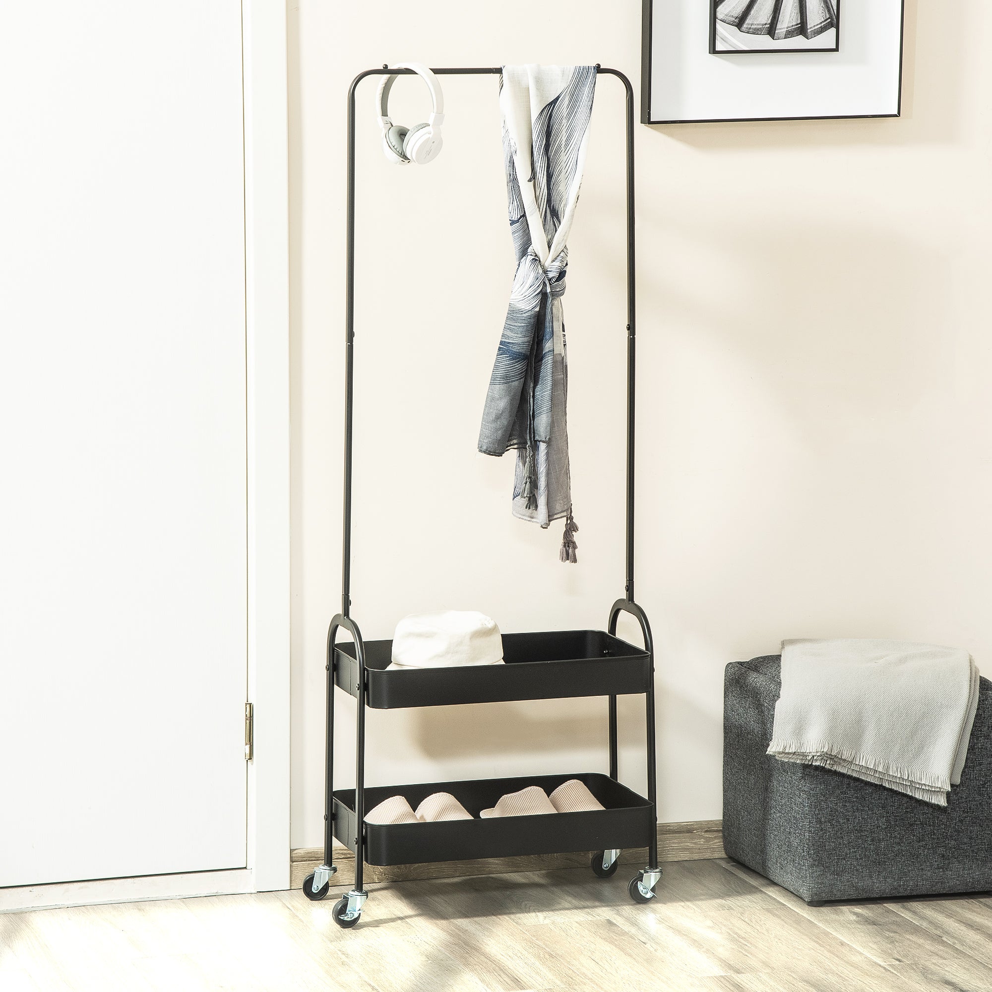 HOMCOM Metal Clothes Rack with Shoe Storage, Clothing Rail on Wheels, Freestanding Hall Tree, Coat Stand with 2 Storage Shelf, Black - North Peak Garden Furniture