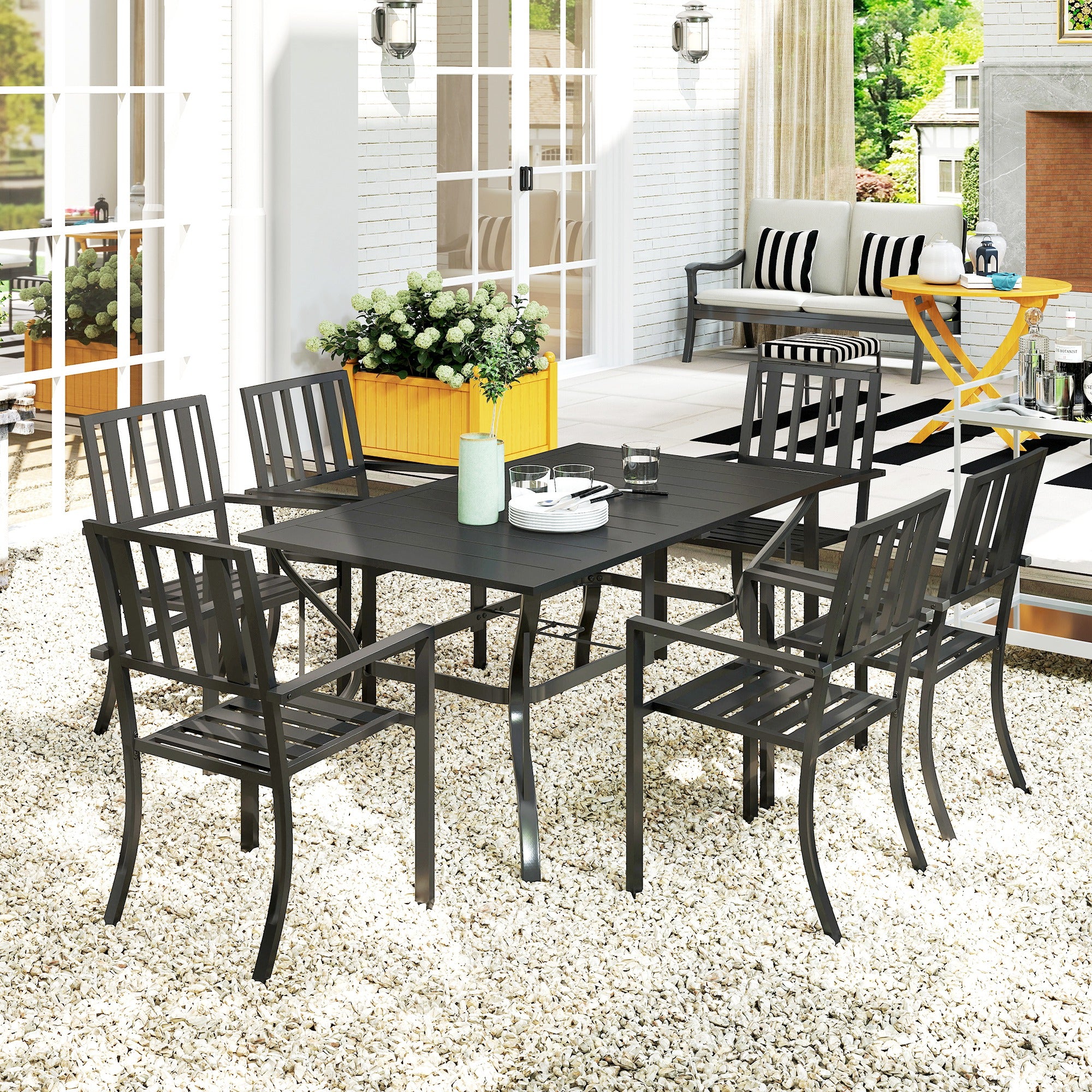 Outsunny 7 Pieces Garden Table and Chairs 6 Seater Outdoor Table and Chairs with Umbrella Hole, for Poolside, Garden, Black - North Peak Garden Furniture