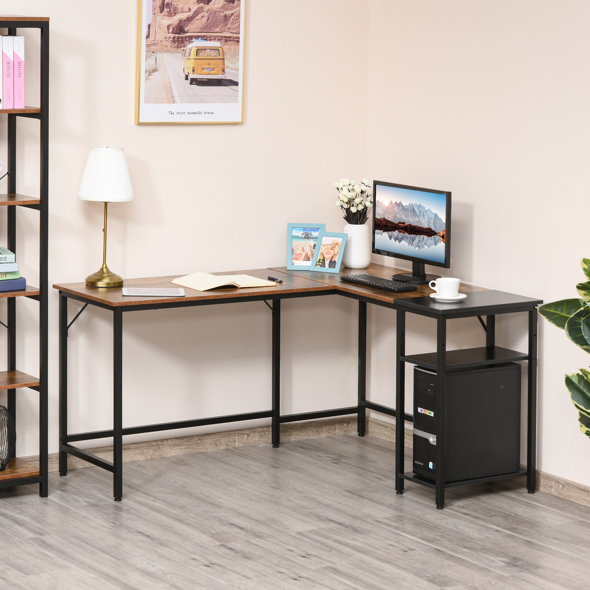 HOMCOM L-Shaped Computer Desk Industrial Corner Writing Desk with Adjustable Storage Shelf Space-Saving Home Office Workstation 150 x 120 x 75 cm Rustic Brown - North Peak Garden Furniture