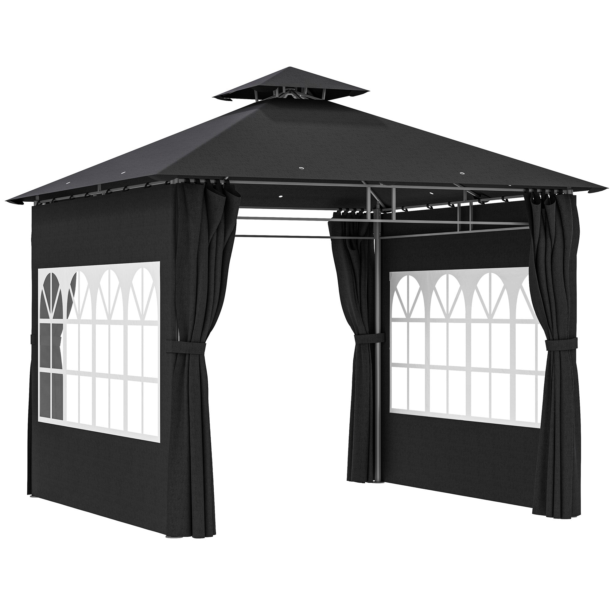 Outsunny 3 x 3 m Garden Gazebo, Double Roof Metal Gazebo with Removable Sidewalls and Church Windows, Outdoor Canopy Shelter, Black - North Peak Garden Furniture