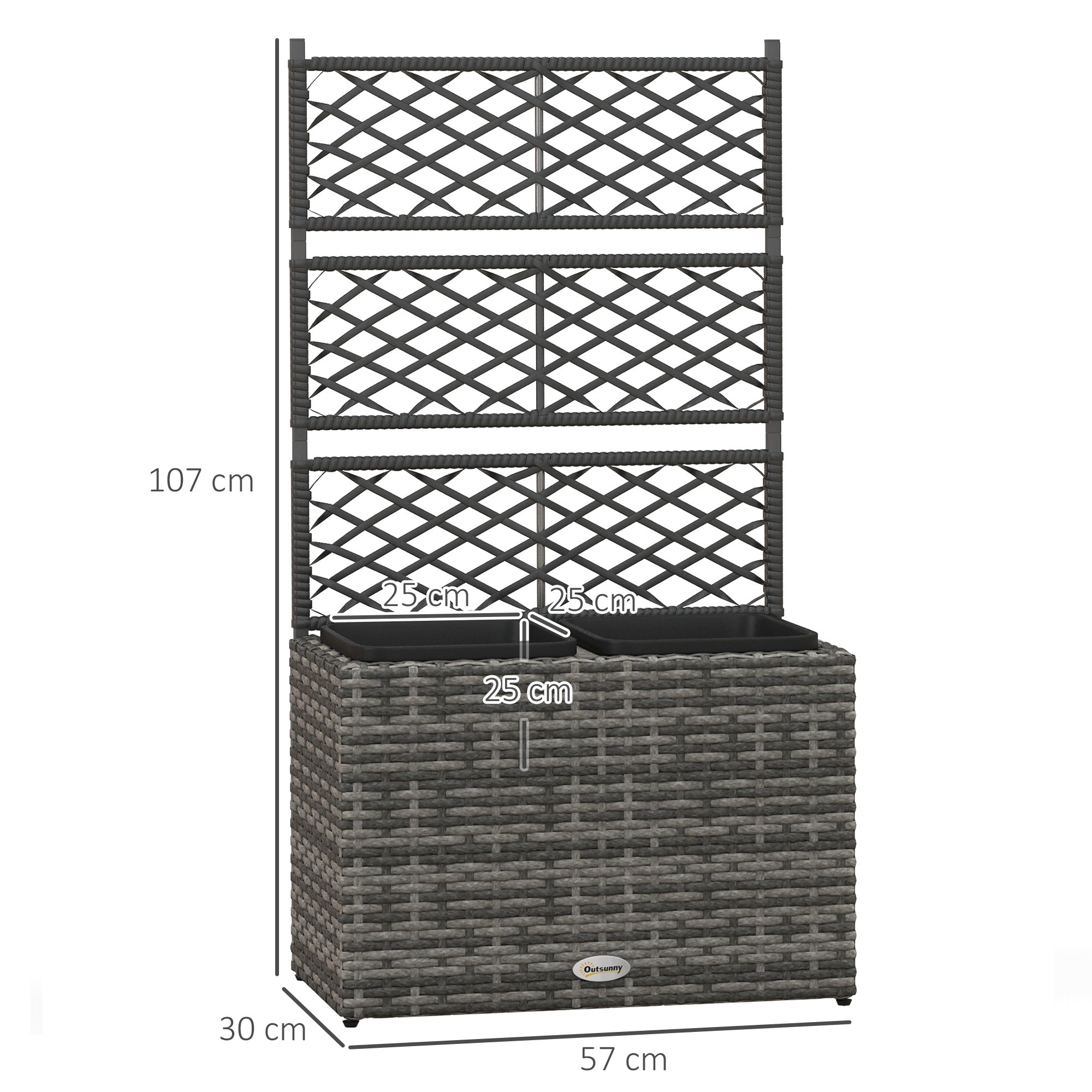 Outsunny 22L Garden PE Rattan Planter with Trellis, Free Standing Flower Raised Bed with Two Plant Boxes for Garden, Garden Planter for Climbing Plants, 57cm x 30cm x 107cm, Mixed Grey - North Peak Garden Furniture