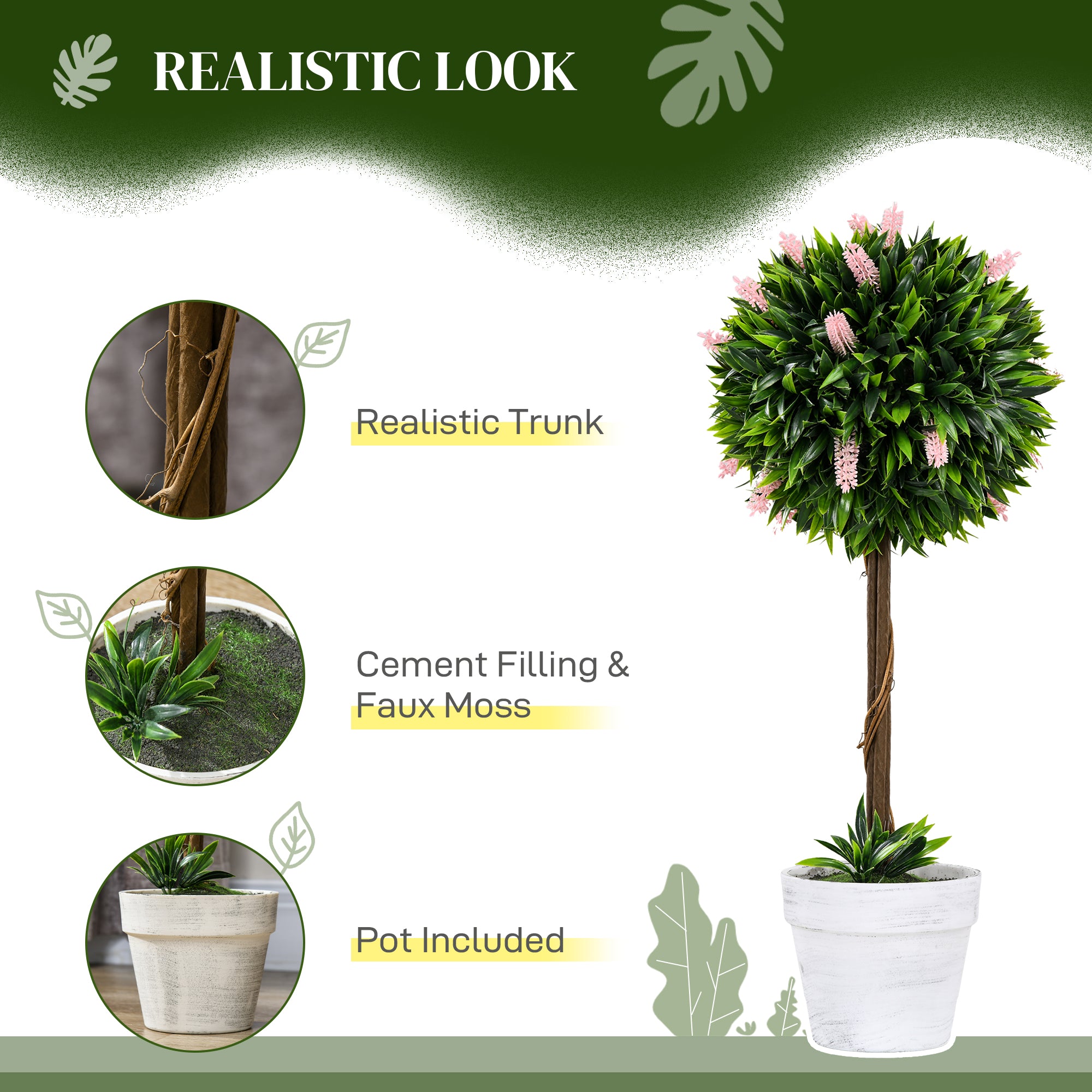 HOMCOM Set of 2 Decorative Artificial Plants Ball Trees with Flower for Home Indoor Outdoor Decor, 60cm ,Pink - North Peak Garden Furniture
