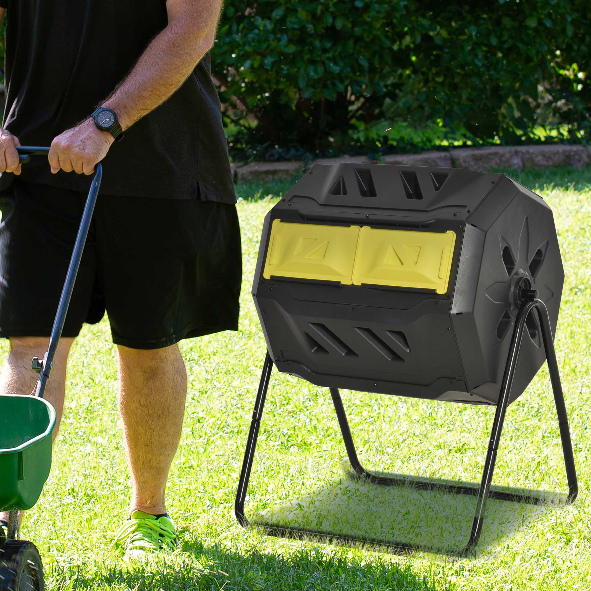 Outsunny 160L Tumbling Compost Bin Outdoor Dual Chamber 360° Rotating Composter, Garden Compost Bin w/ Sliding Doors & Solid Steel Frame, Yellow - North Peak Garden Furniture