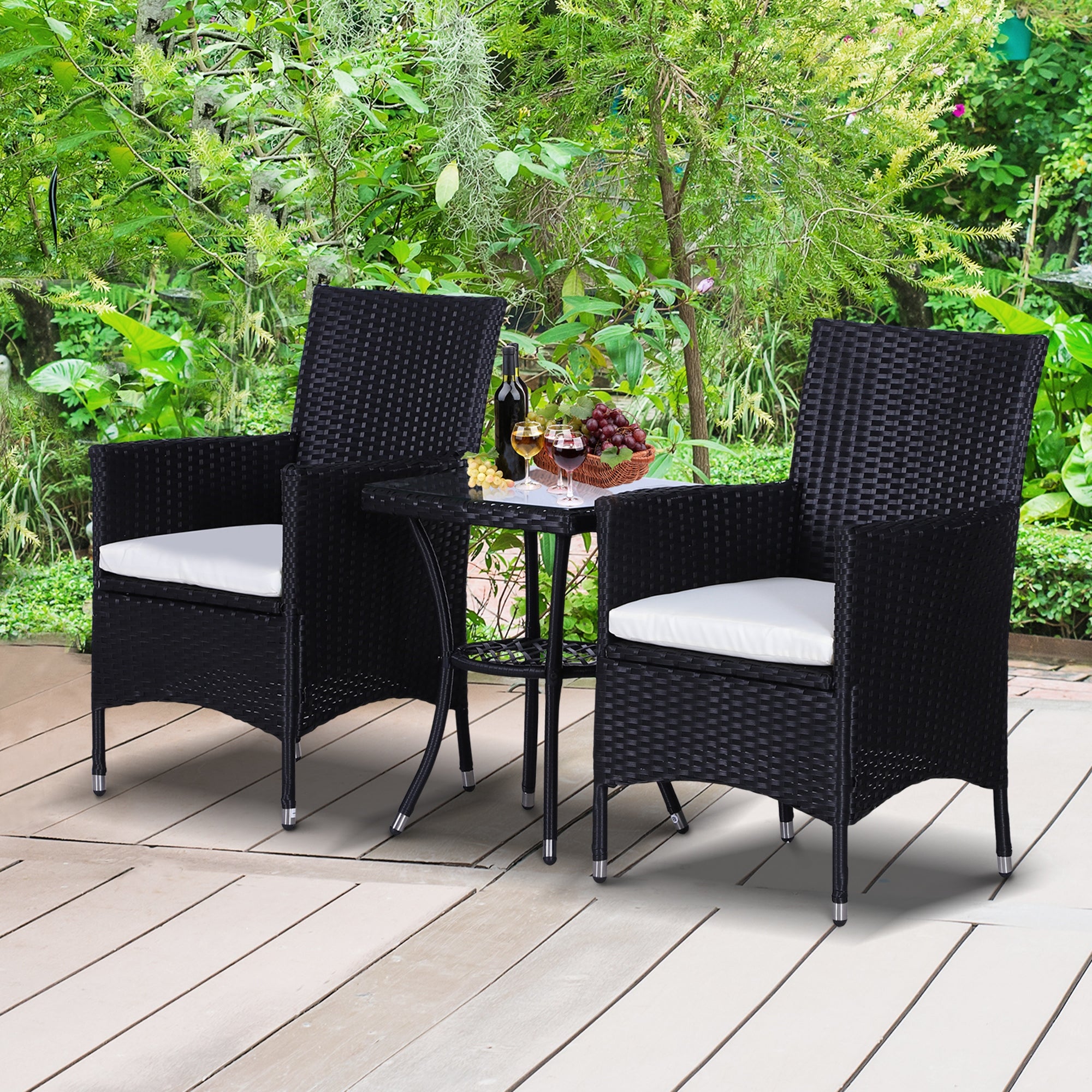 Outsunny Rattan Bistro Set: 3 Piece Garden Furniture with Weave Chairs & Table, Conservatory Patio Suite, Jet Black