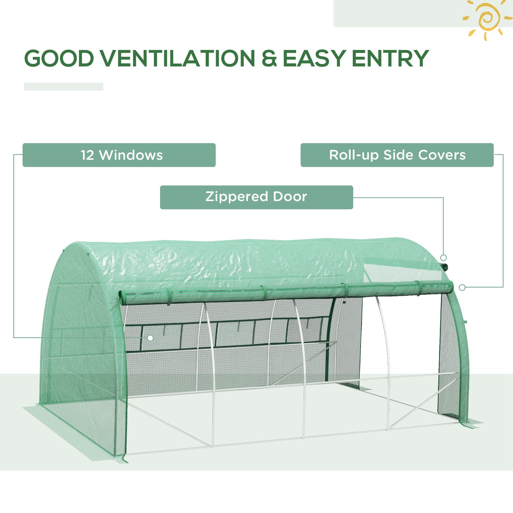 Outsunny Polytunnel Greenhouse Walk-in Grow House Tent with Roll-up Sidewalls, Zipped Door and 8 Windows, 4x3x2m Green