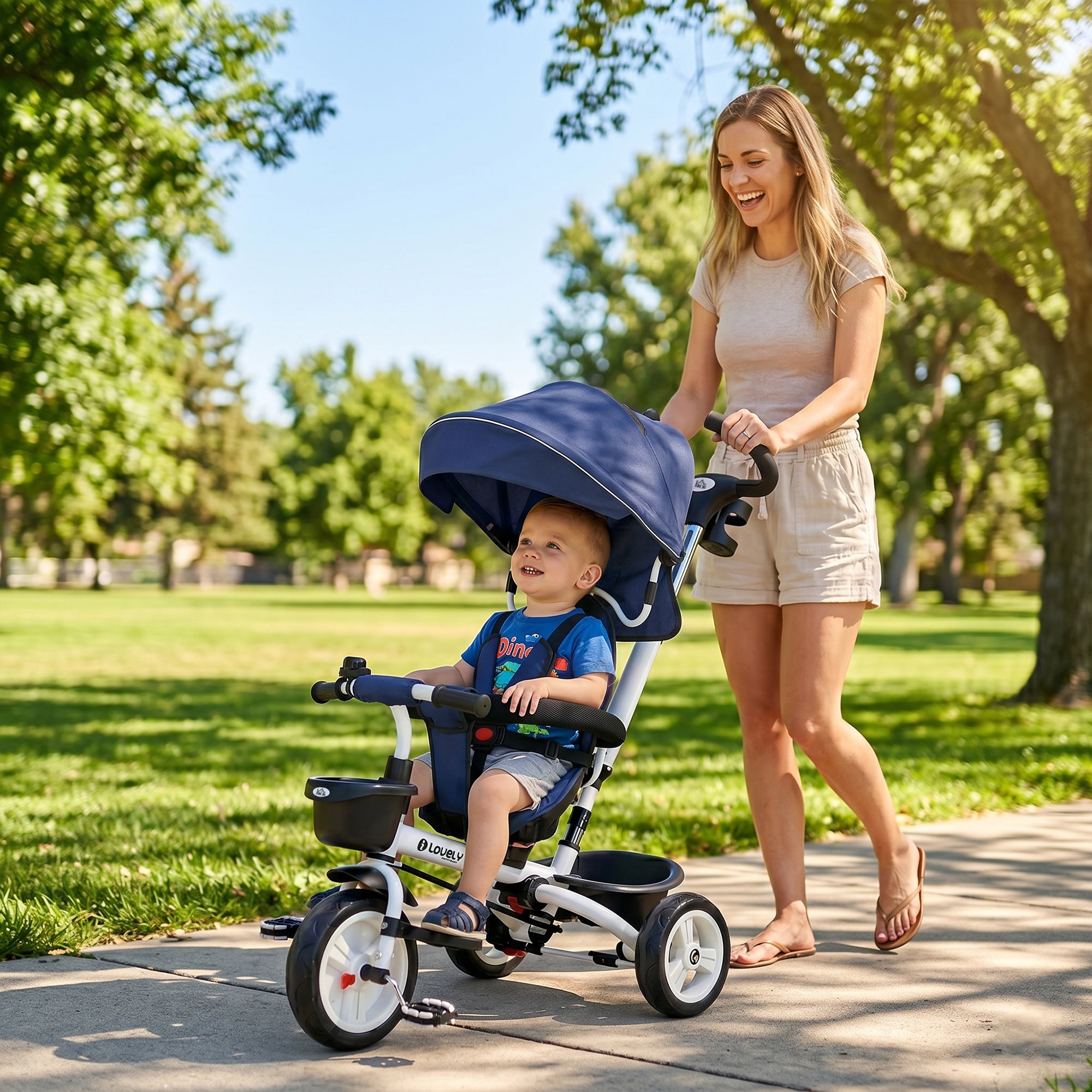 HOMCOM Metal Frame 6 in 1 Baby Push Tricycle with Parent Handle for 1-5 Years Old, Dark Blue