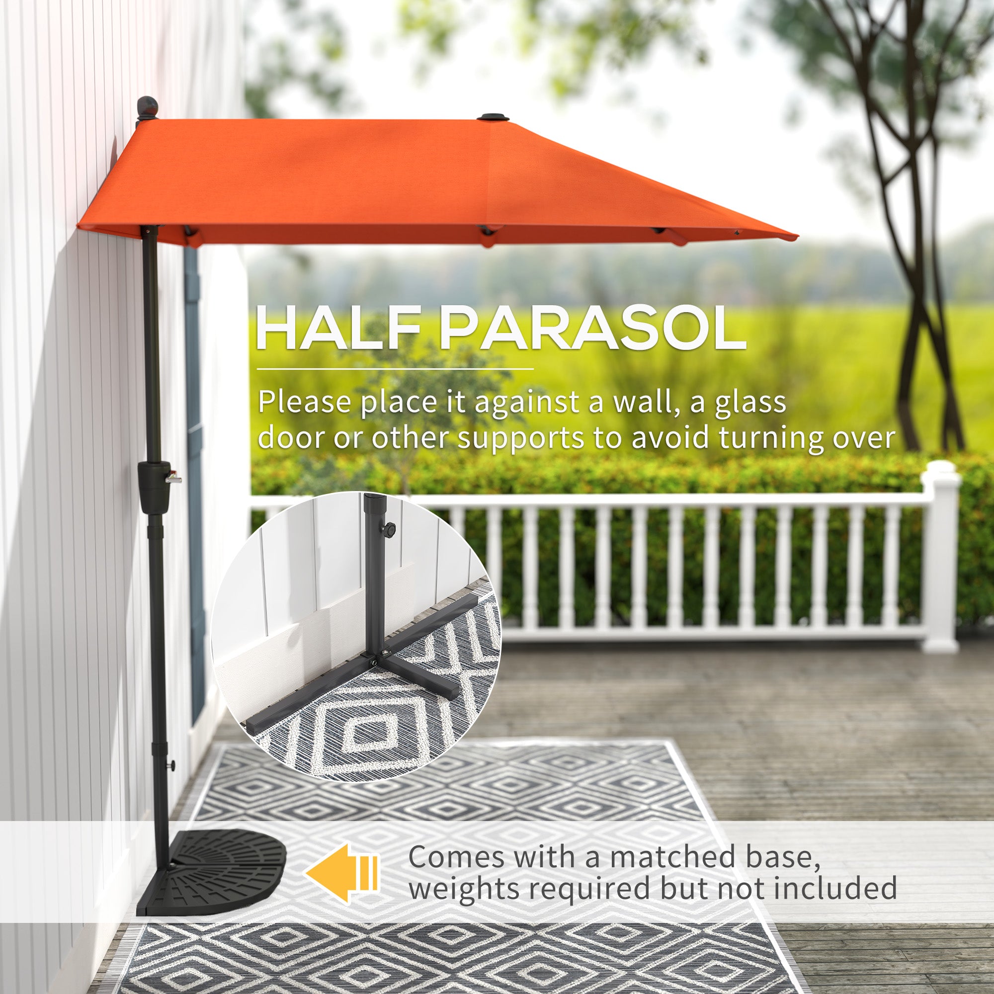 Outsunny 2m Half Parasol Market Umbrella Garden Balcony Parasol with Crank Handle, Cross Base, Double-Sided Canopy, Orange - North Peak Garden Furniture