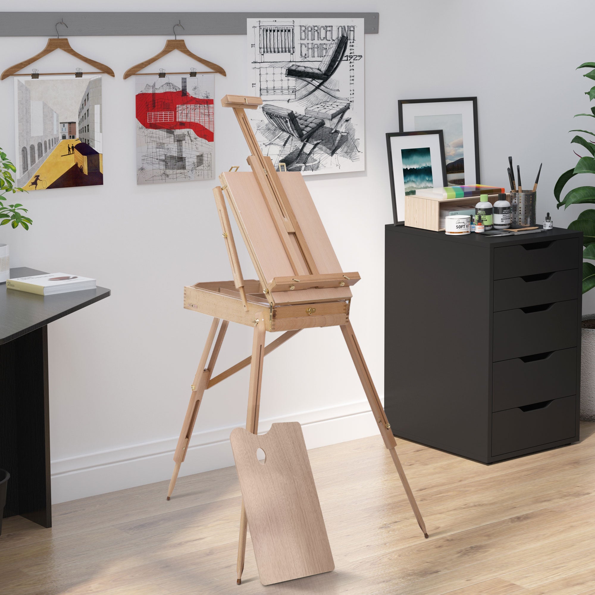 HOMCOM Wooden Art Easel Tripod Sketch Artist Painters Craft Portable Folding Drawing Board Lightweight - Natural Wood - North Peak Garden Furniture