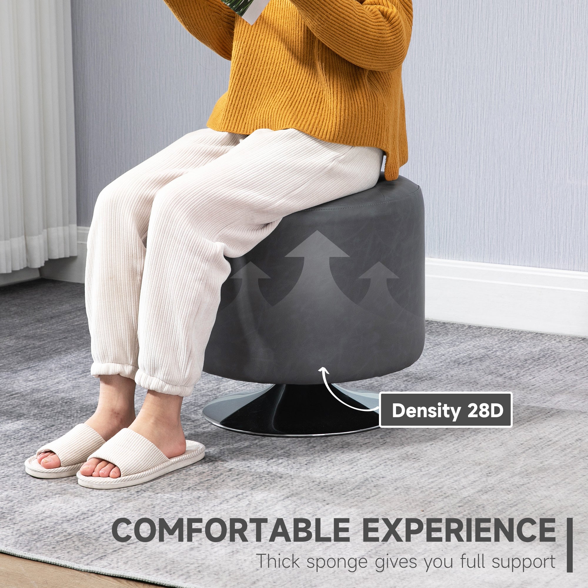 HOMCOM 360° Swivel Foot Stool Round PU Ottoman with Thick Sponge Padding and Solid Steel Base, Grey - North Peak Garden Furniture