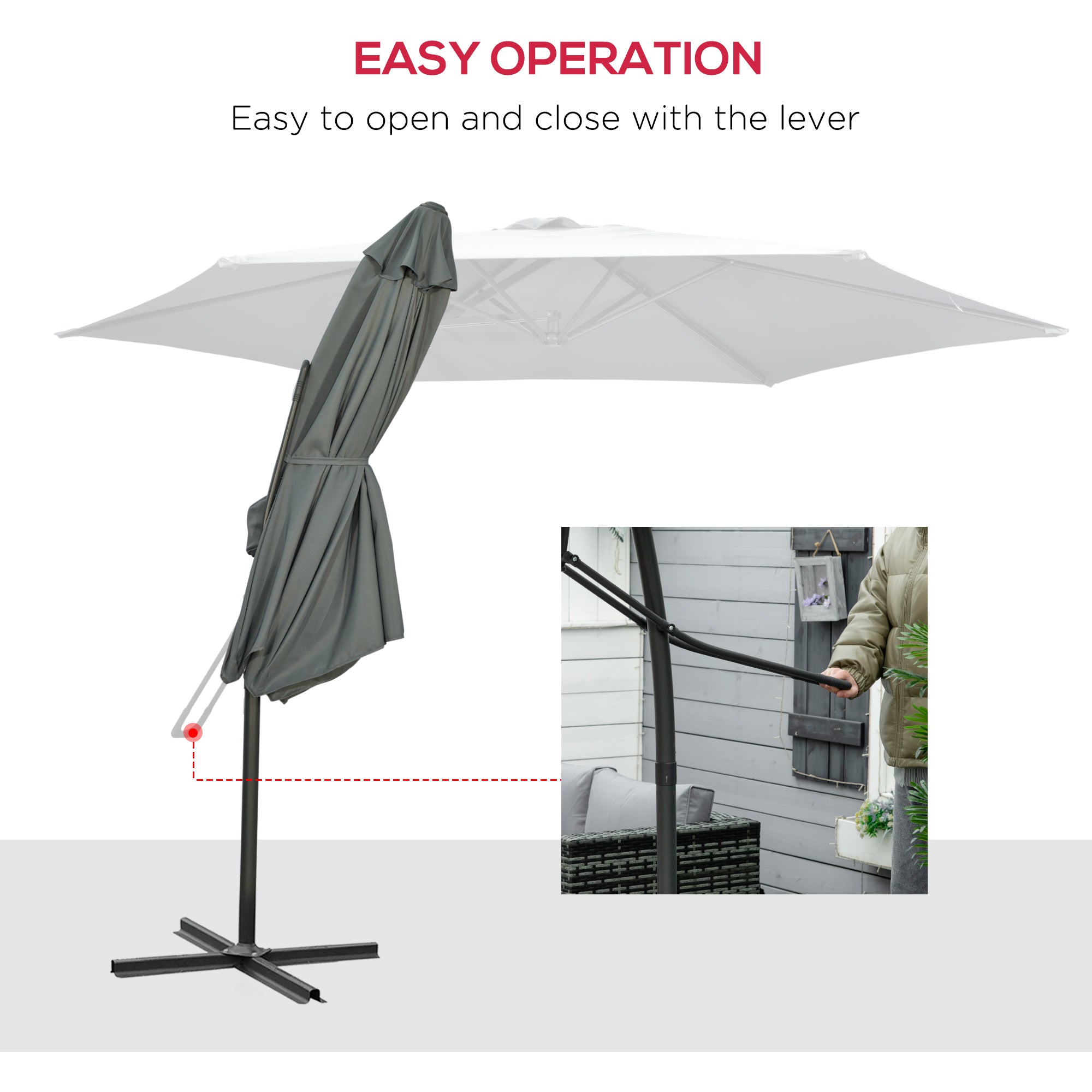Outsunny 3m Cantilever Parasol with Easy Lever, Patio Umbrella with Crank Handle, Cross Base and 6 Metal Ribs, Outdoor Sun Shades for Garden, Grey - North Peak Garden Furniture