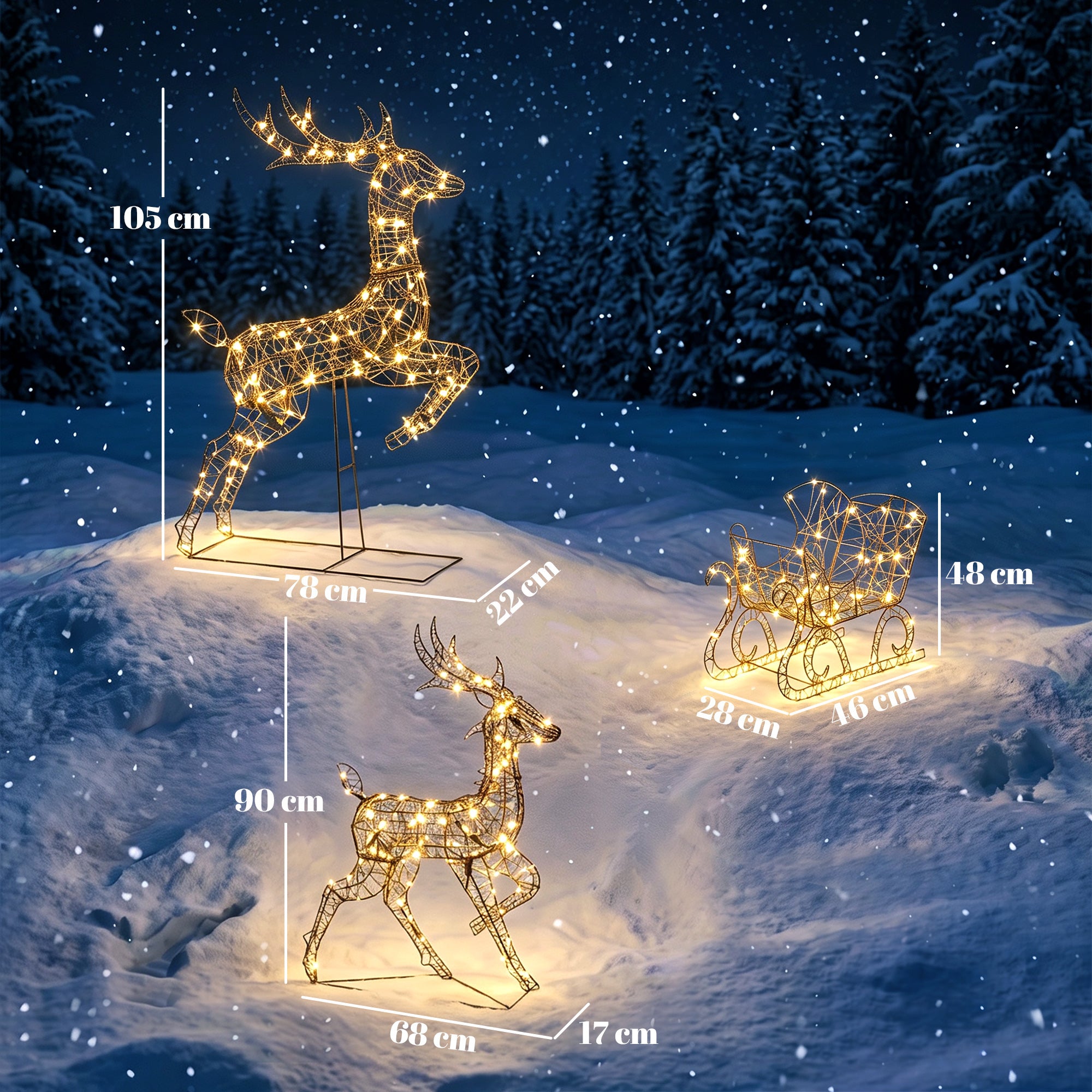 Outsunny 3-Piece Lighted Reindeer and Sleigh Set, PP Rattan Outdoor Christmas Decoration with LEDs, 8 Modes, Daily Timer