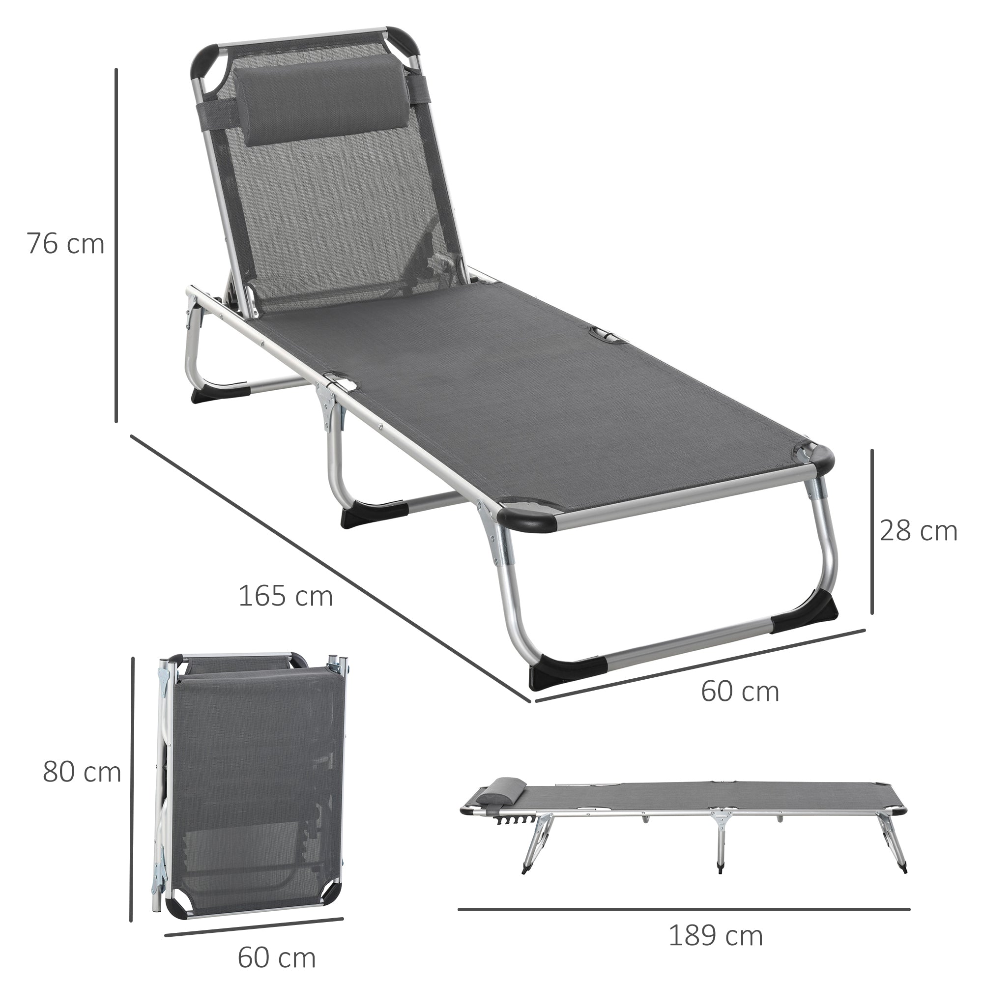 Outsunny Foldable Outdoor Sun Lounger, Reclining Lounge Chair Camping Bed Cot with Pillow 4-Level Adjustable Back Aluminium Frame, Dark Grey