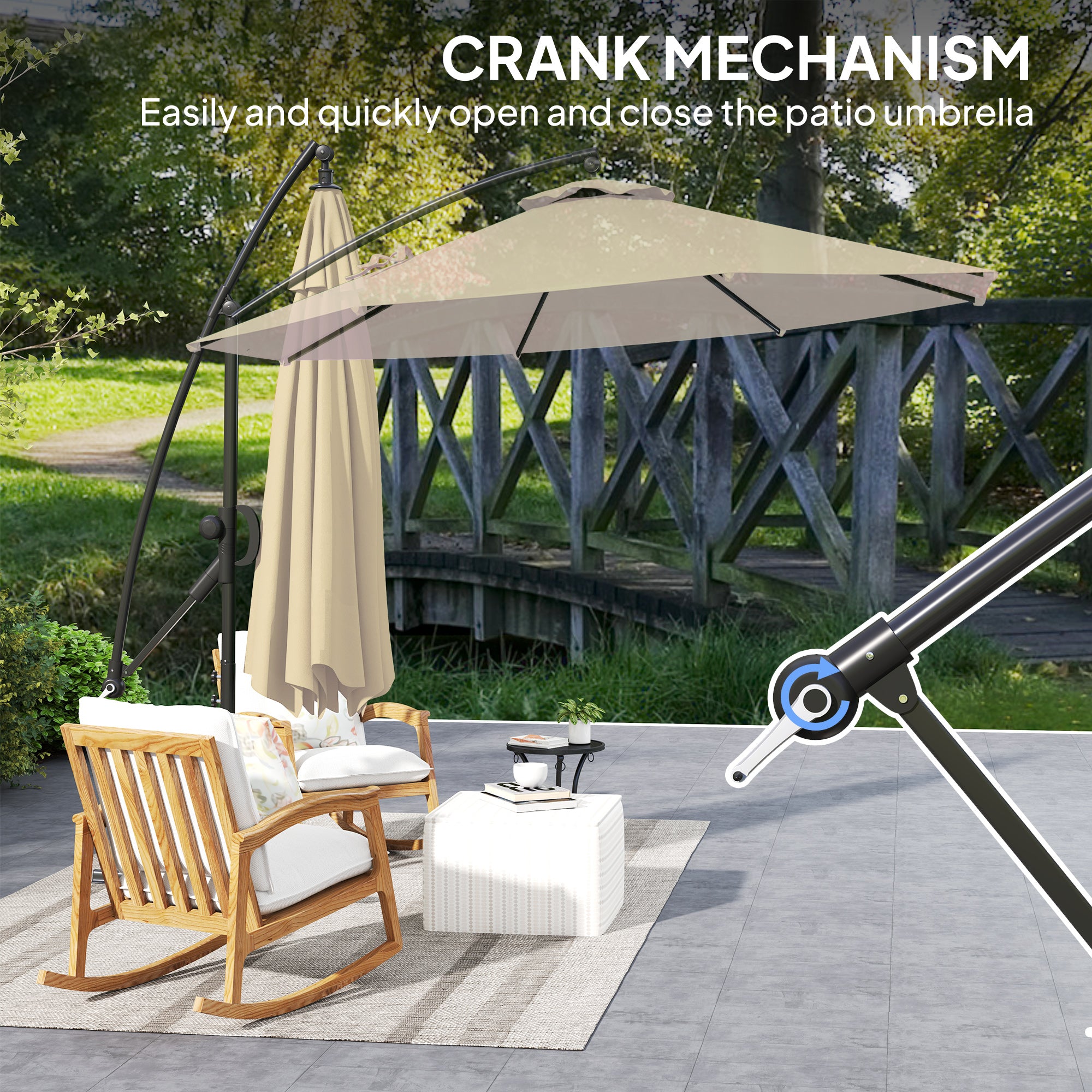 Outsunny 3(m) Garden Cantilever Parasol with Cover and Wind Protection Strap, Round Overhanging Umbrella with Crank Handle and Tilt, Banana Patio Umbrella for Outdoor Sun Shade, UPF50+, Khaki - North Peak Garden Furniture