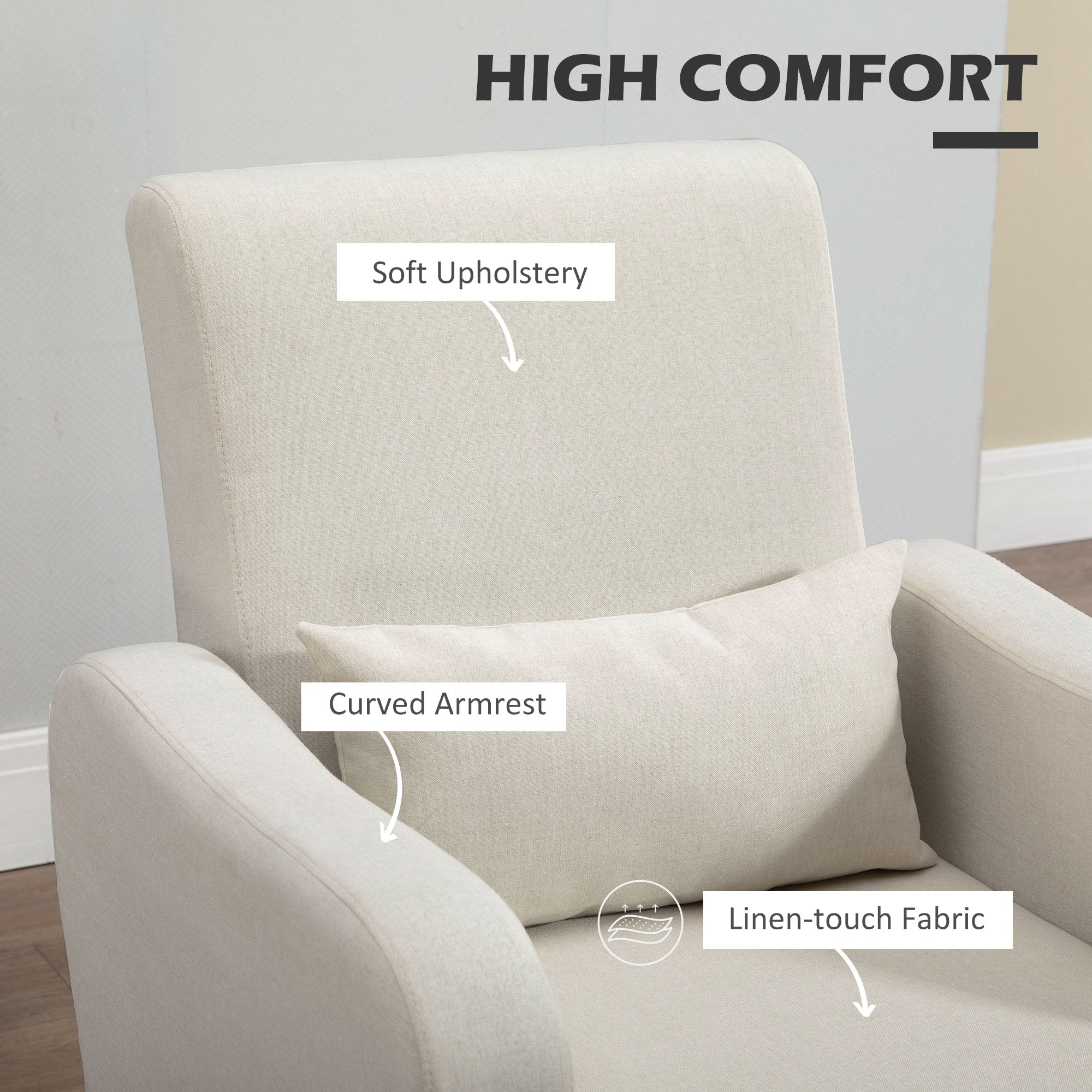 HOMCOM Accent Chair, Linen-Touch Armchair, Upholstered Leisure Lounge Sofa for Living Room, Club Chair with Wooden Frame, Cream - North Peak Garden Furniture