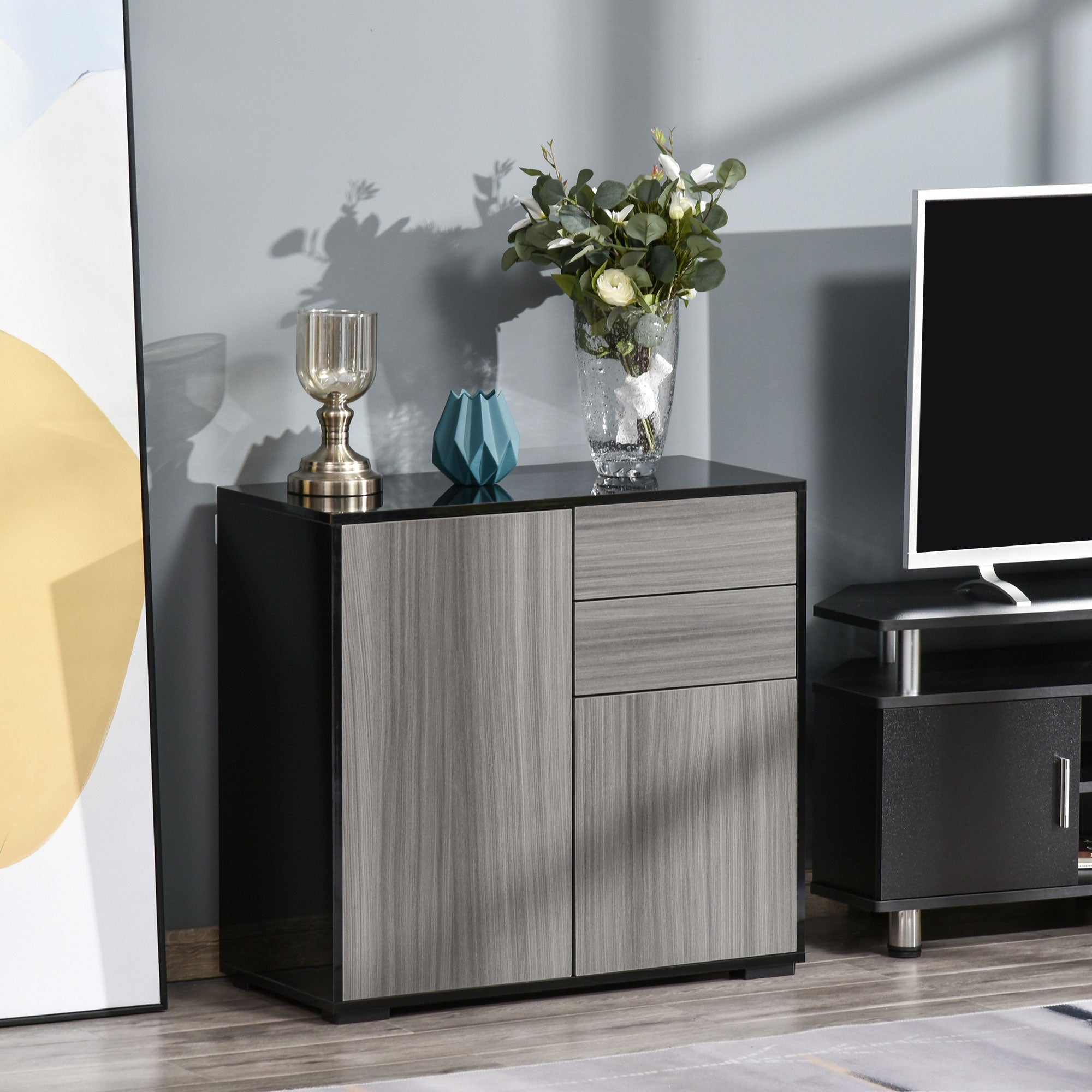 HOMCOM High Gloss Frame Sideboard, Side Cabinet, Push-Open Design with 2 Drawer for Living Room, Bedroom, Light Grey and Black - North Peak Garden Furniture