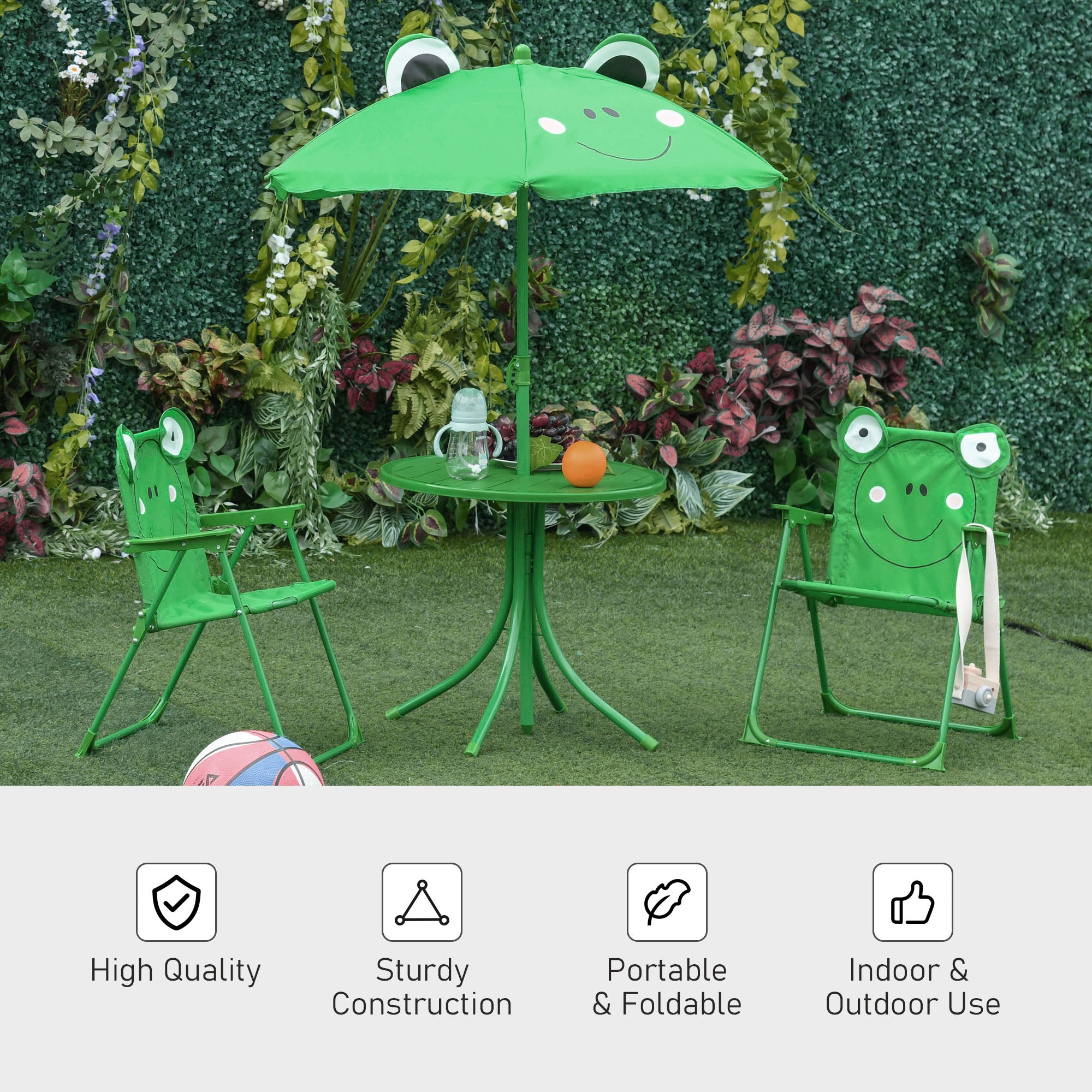 Outsunny Kids Outdoor Table and Chairs Garden Furniture Frog Pattern with Removable & Height Adjustable Sun Umbrella, Green - North Peak Garden Furniture