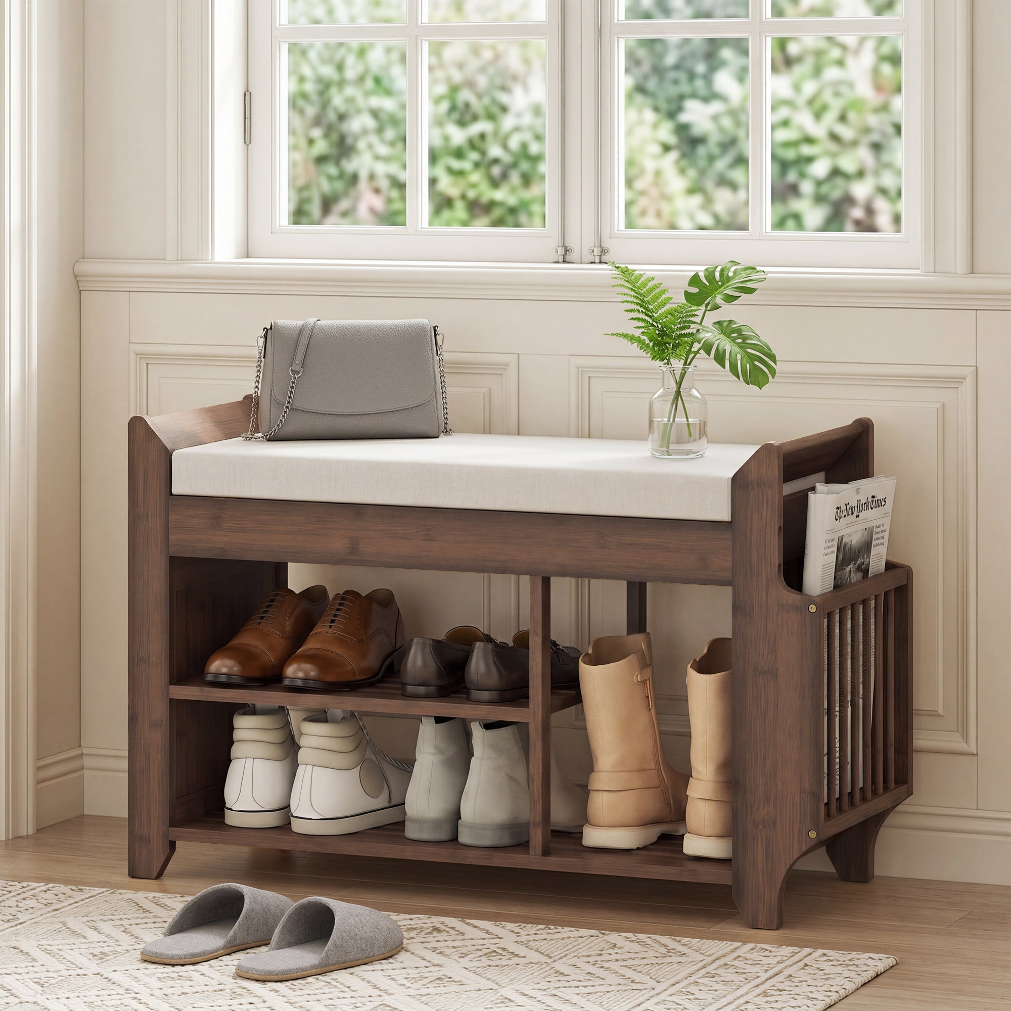 HOMCOM Shoe Bench 2-Tier Boot Section Entryway Storage Bench Cushioned Seat 80 x 30 x 50 cm Dark Brown and Cream