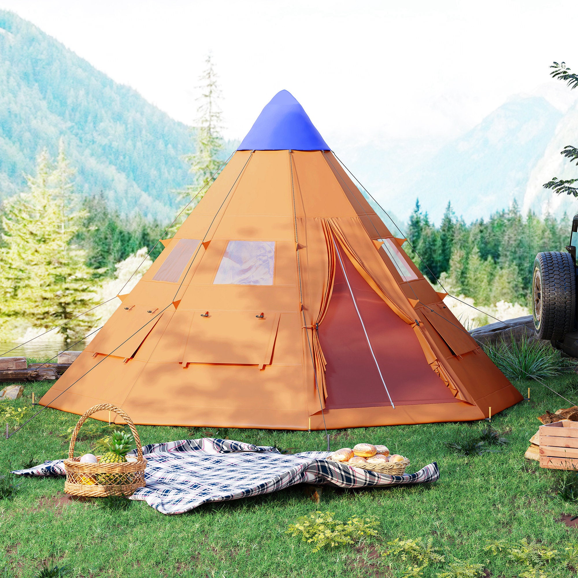Outsunny 6 Men Tipi Tent with Carry Bag - Orange - North Peak Garden Furniture