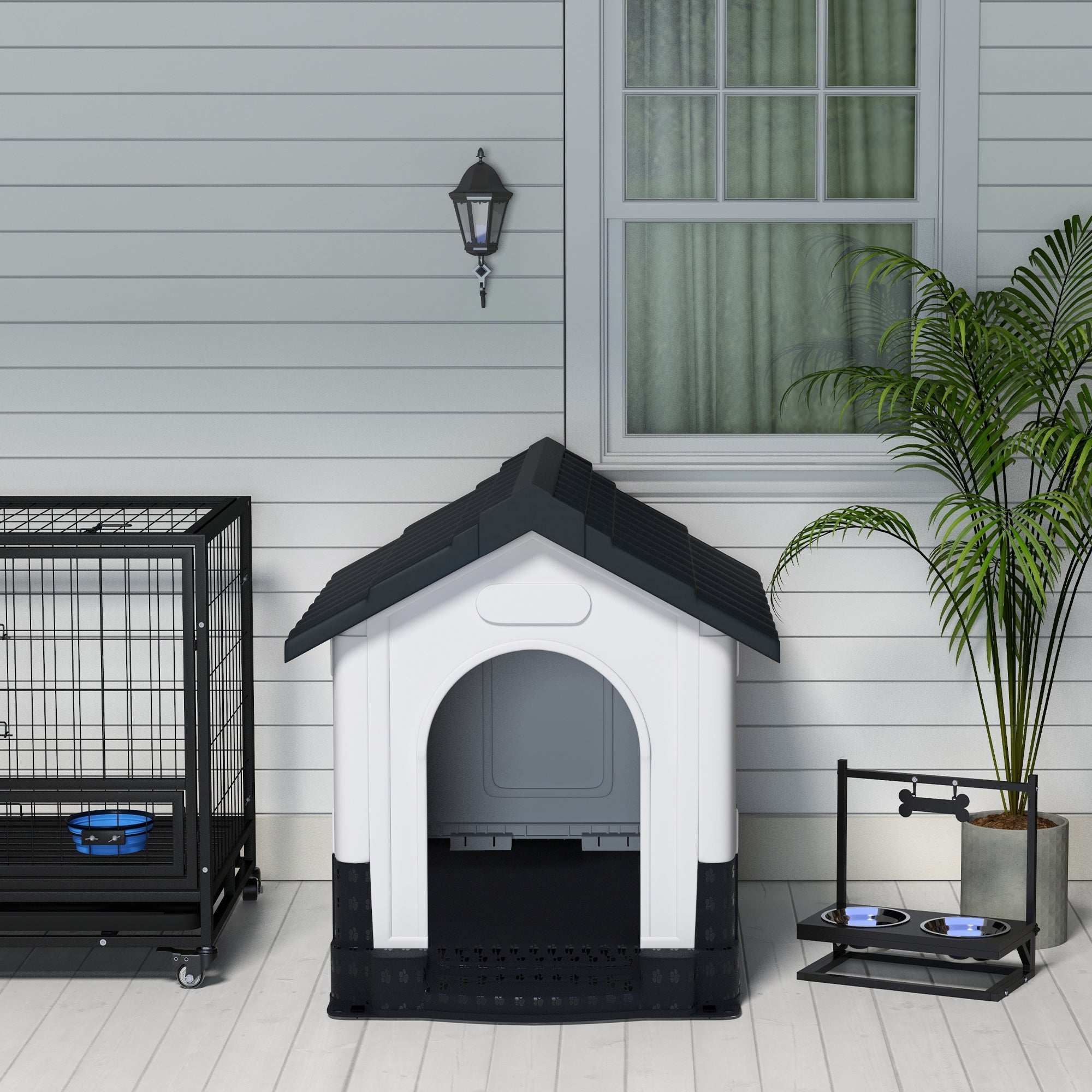 PawHut Plastic Dog Kennel with Windows, for Garden Patio, Medium and Large Dogs, 101 x 88 x 99cm - Grey - North Peak Garden Furniture