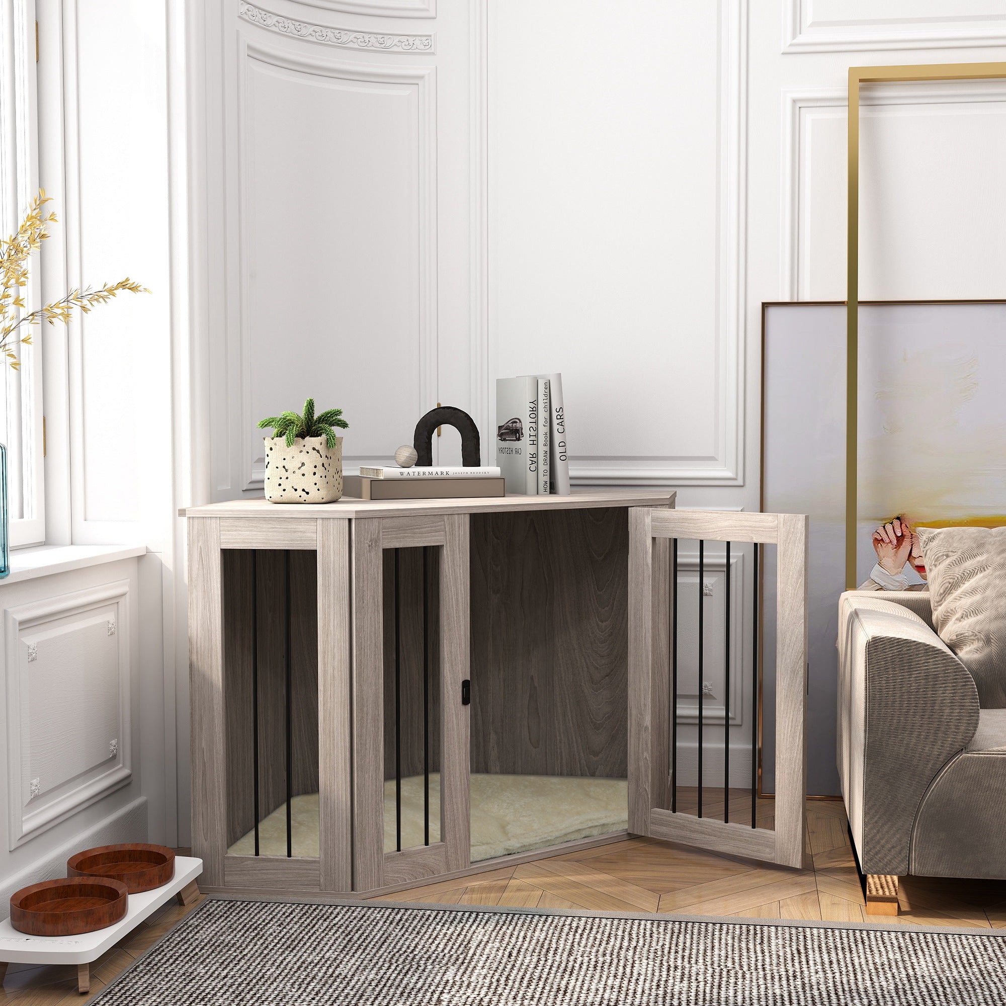 PawHut 2 in 1 Dog Crate Furniture Side Table, with Cushion, 122 x 61 x 71cm - Walnut Brown - North Peak Garden Furniture