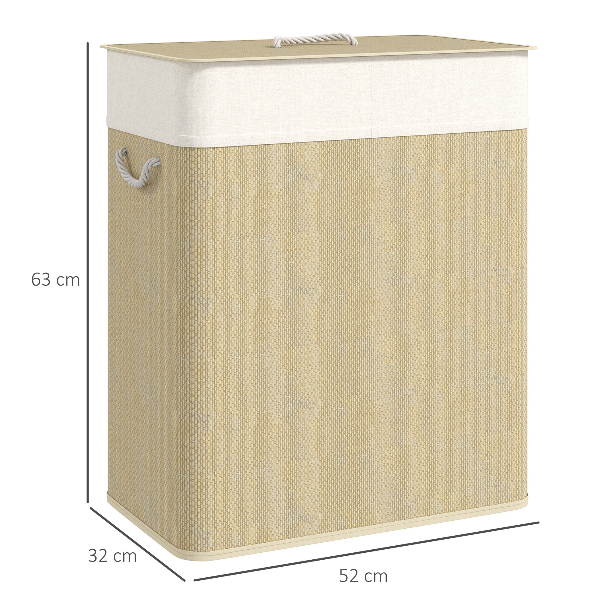 HOMCOM Double Laundry Basket with Lid, 100L Bamboo Laundry Hamper with Rope Handles, Washing Basket with Removable Liner for Bathroom, Bedroom, Cream White - North Peak Garden Furniture