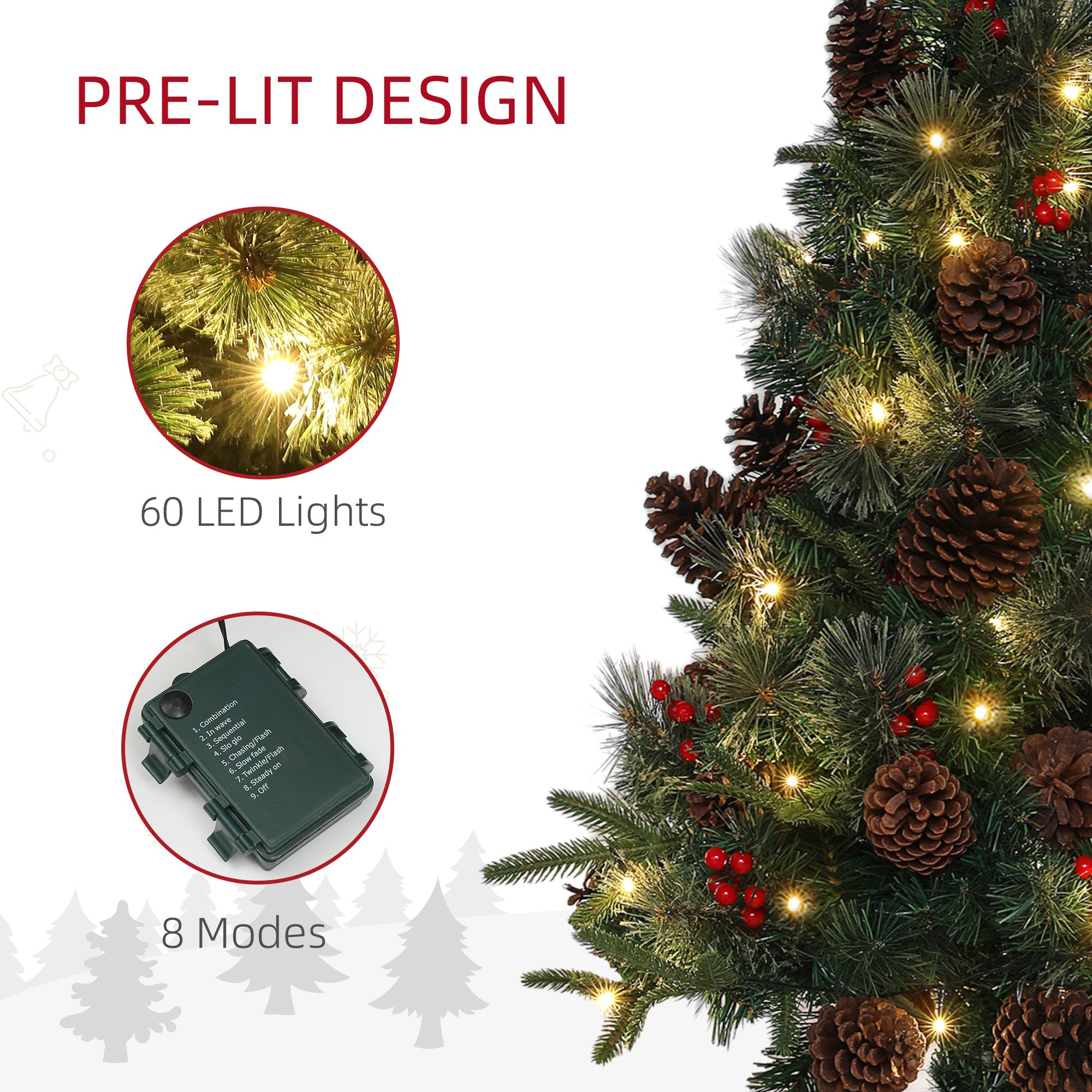 HOMCOM 4ft Artificial Christmas Tree with 60 Warm White LED Lights, 8 Modes and Remote, Realistic Xmas Tree with Trophy Stand for Party Decoration, Green - North Peak Garden Furniture