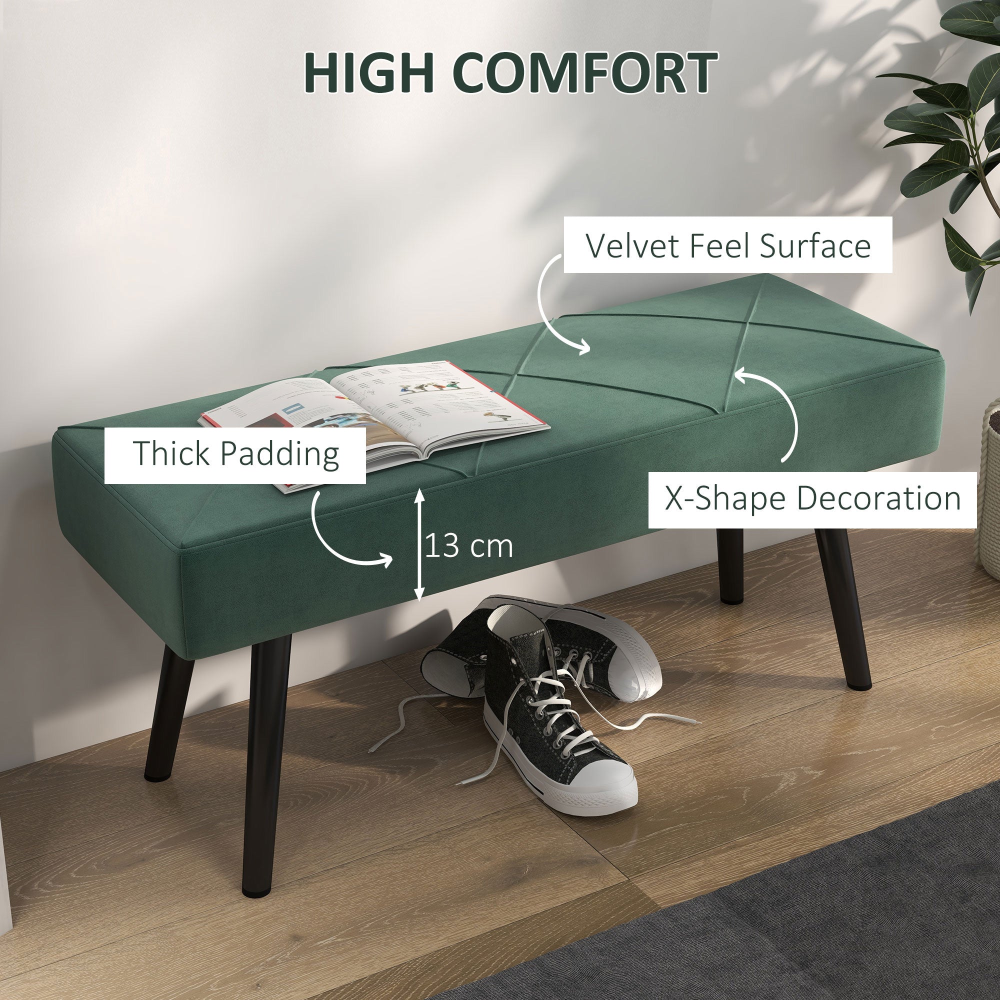 HOMCOM End of Bed Bench with X-Shape Design and Steel Legs, Upholstered Hallway Bench for Bedroom, Green - North Peak Garden Furniture