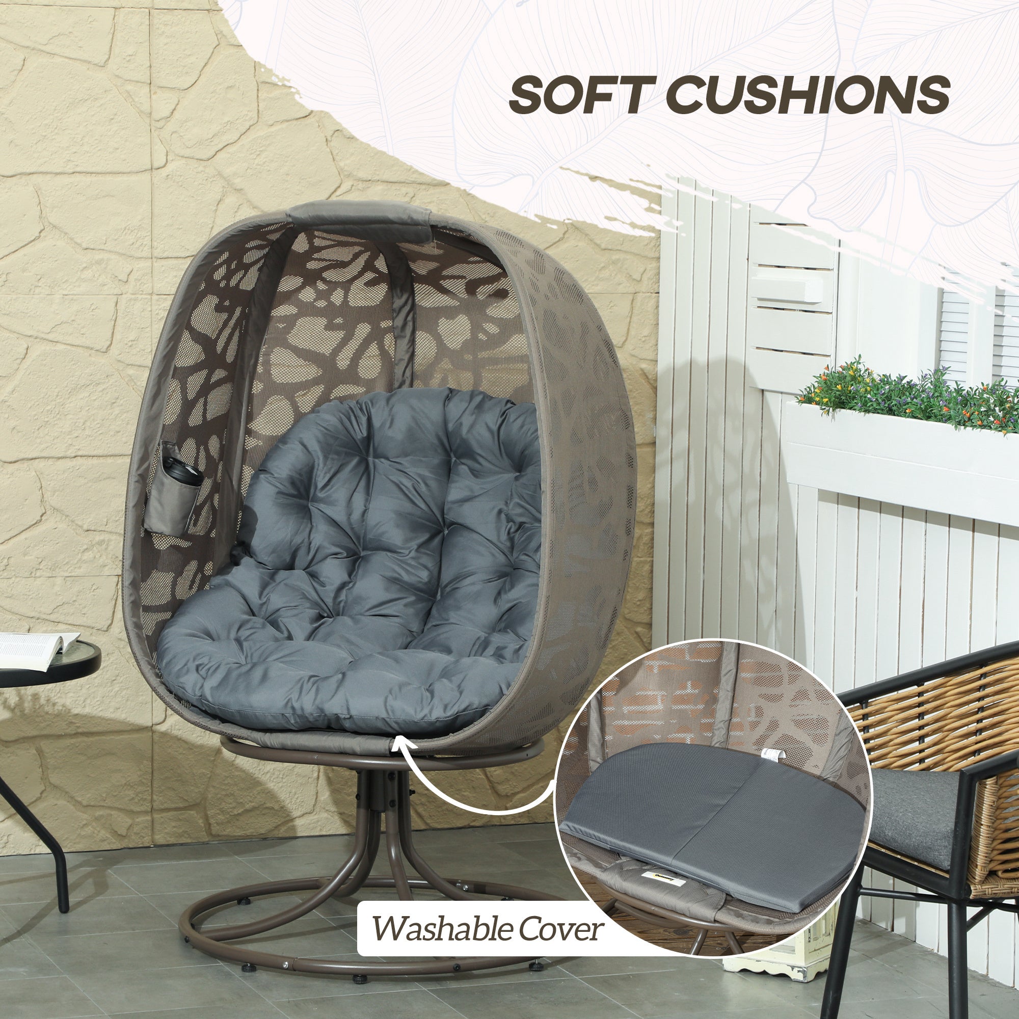 Outsunny Swivel Egg Chair with Cushions, Foldable Basket Seat and Metal Frame, Indoor Outdoor Lounge Chair for Balcony, Patio and Living Room, Grey - North Peak Garden Furniture