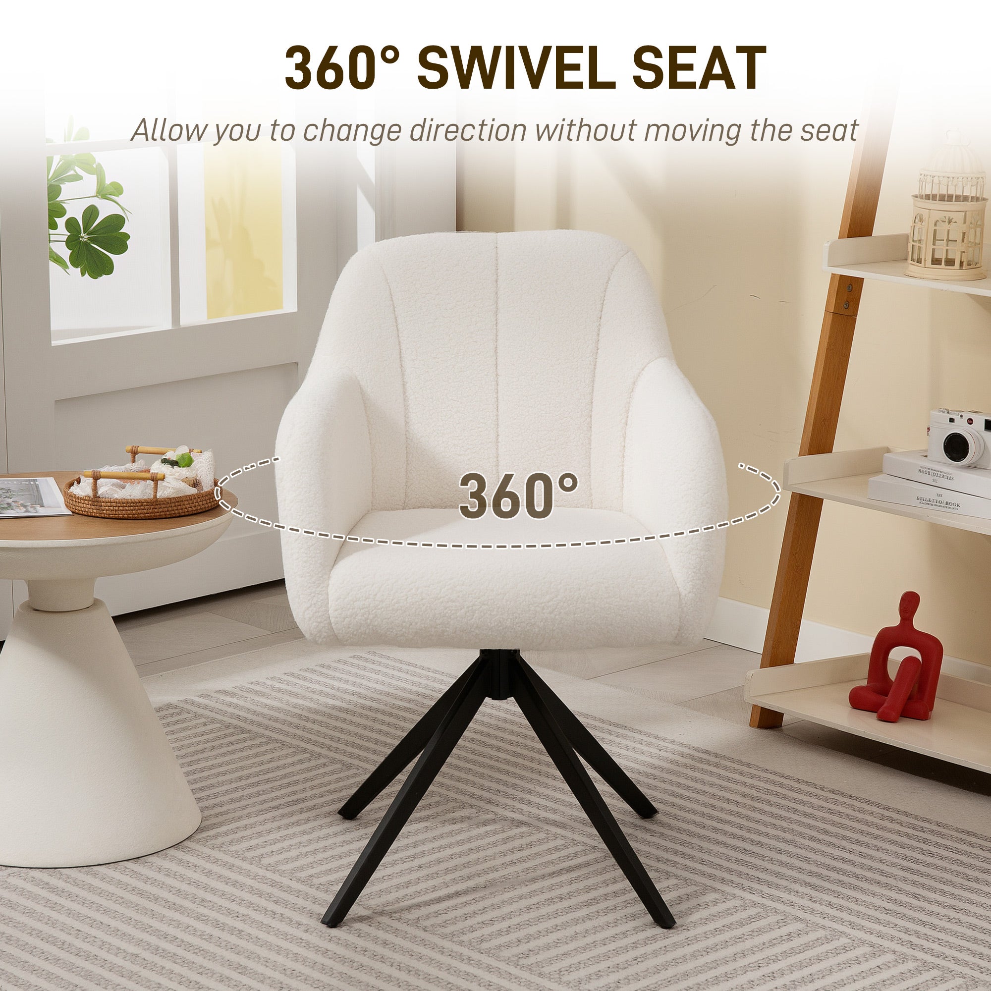 HOMCOM 360° Swivel Accent Chair, Teddy Fleece Fabric Armchair, Upholstered Tufted Vanity Chair with Steel Legs for Living Room, Bedroom, Home Office, White - North Peak Garden Furniture
