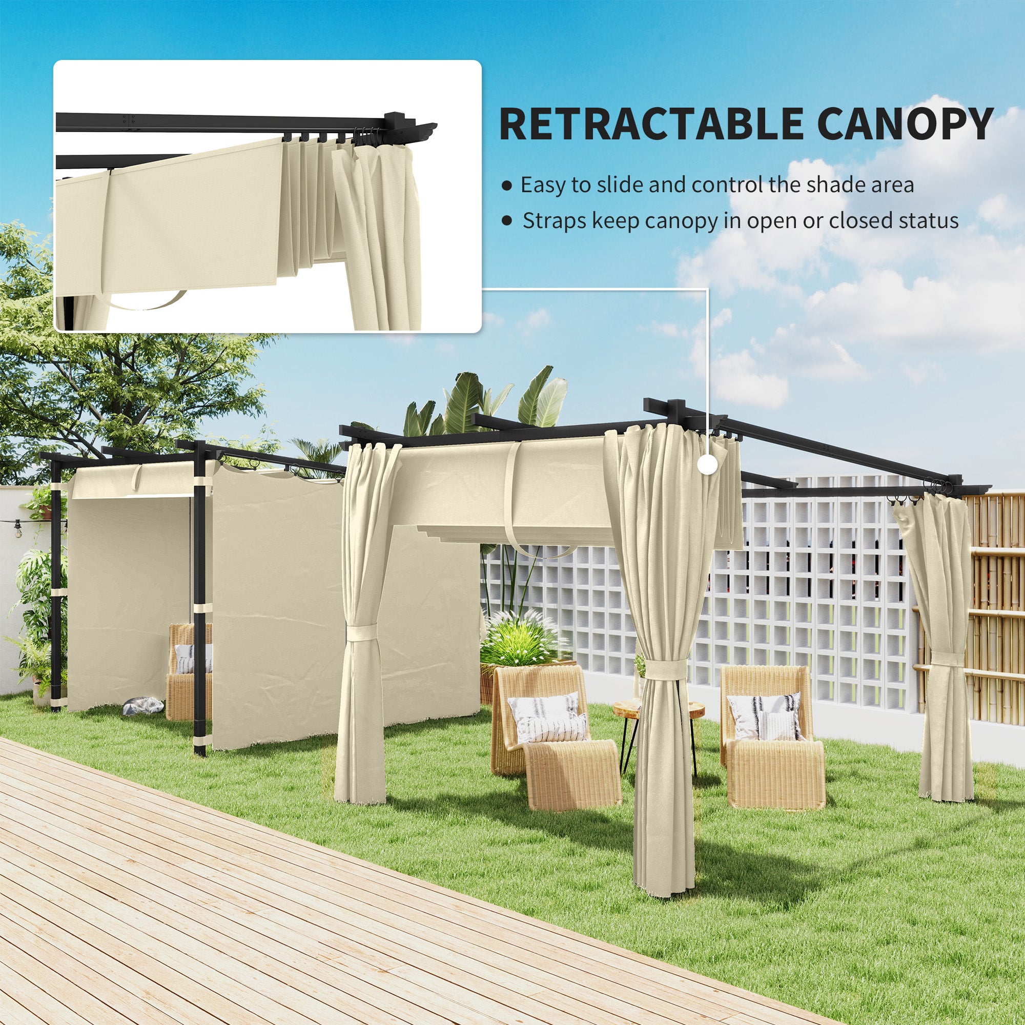 Outsunny 3 x 3 m Retractable Roof Pergola, with Curtains - Beige - North Peak Garden Furniture