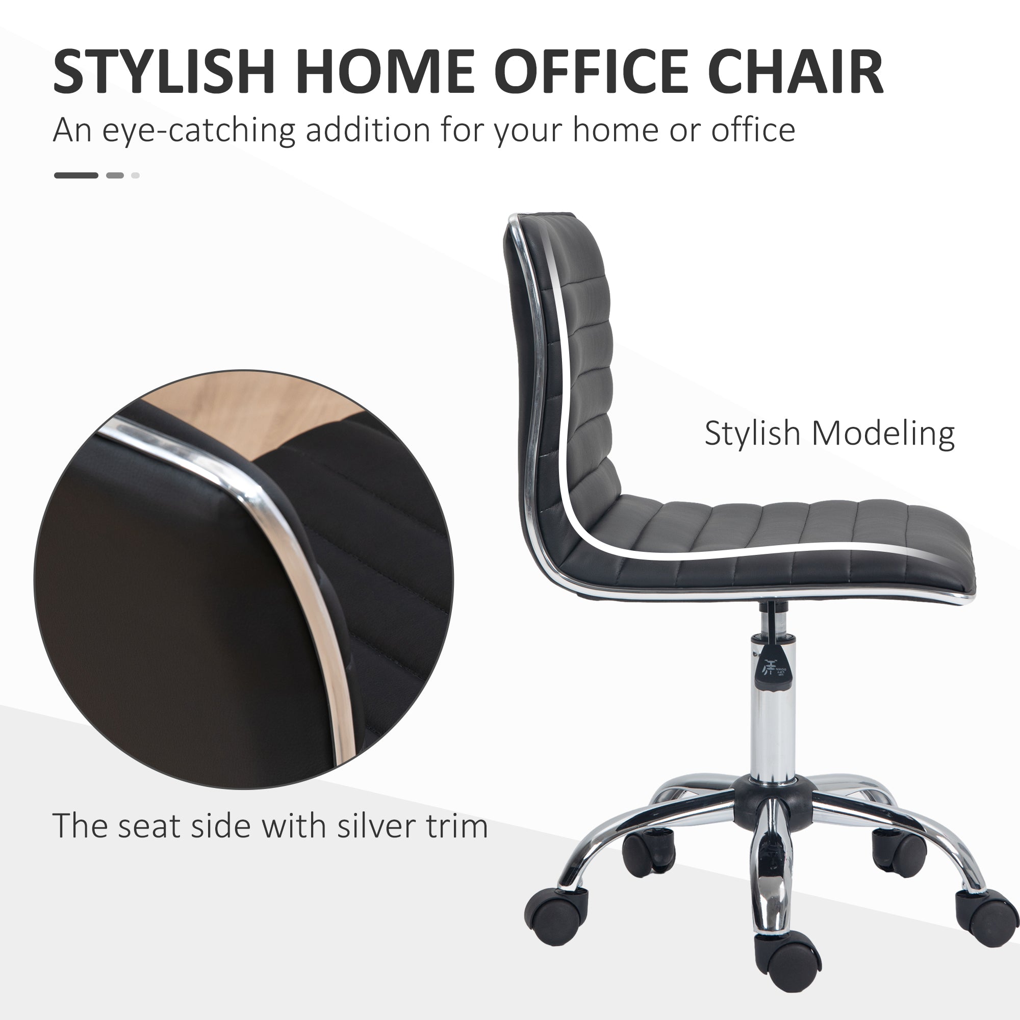HOMCOM Adjustable Swivel Office Chair with Armless Mid-Back in PU Leather and Chrome Base - Black - North Peak Garden Furniture