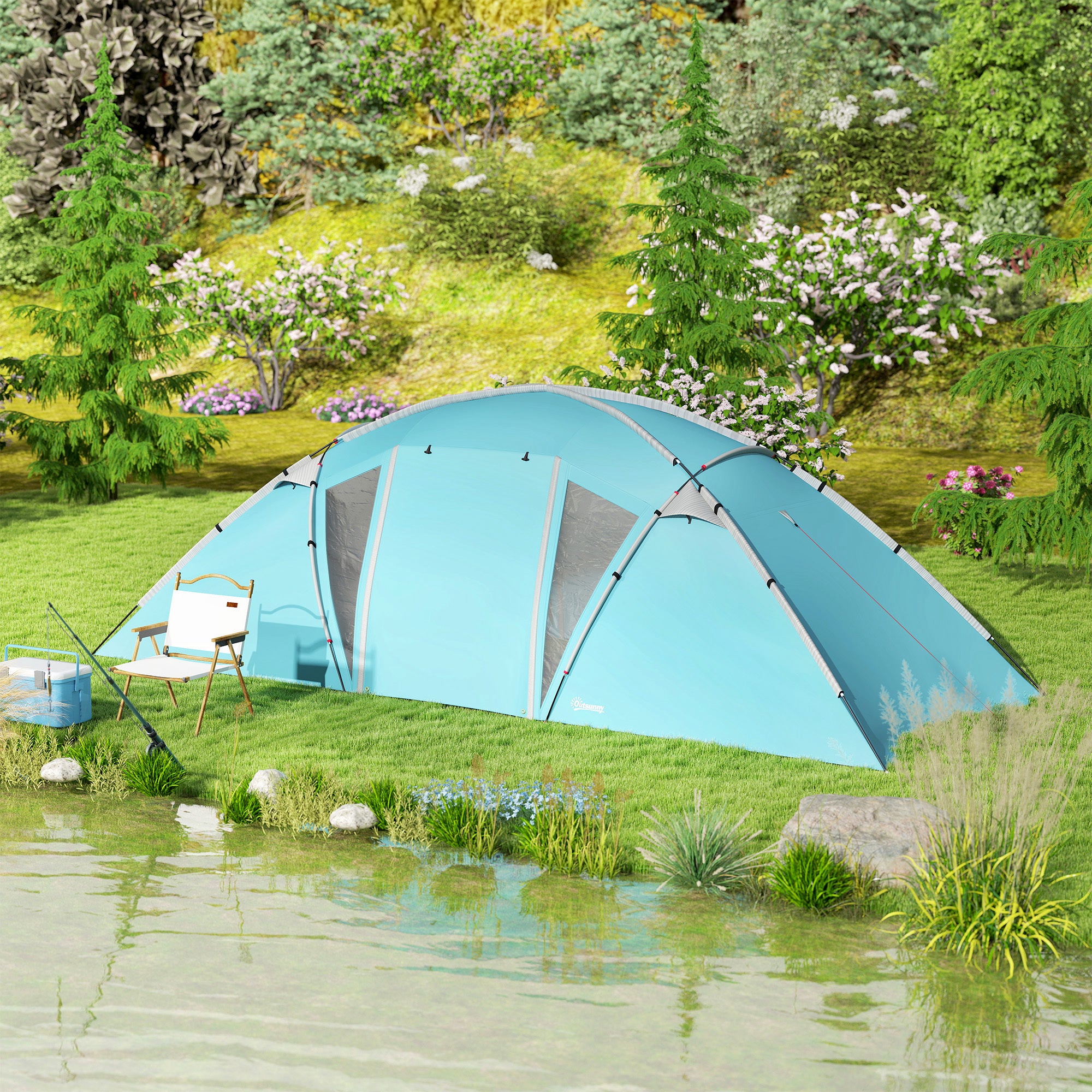 Outsunny 4-6 Man Family Camping Tent w/ 2 Bedrooms and a Living Room, Waterproof Tunnel Tent w/ Sewn In Groundsheet, Doors, Windows, Carry Bag, Blue - North Peak Garden Furniture