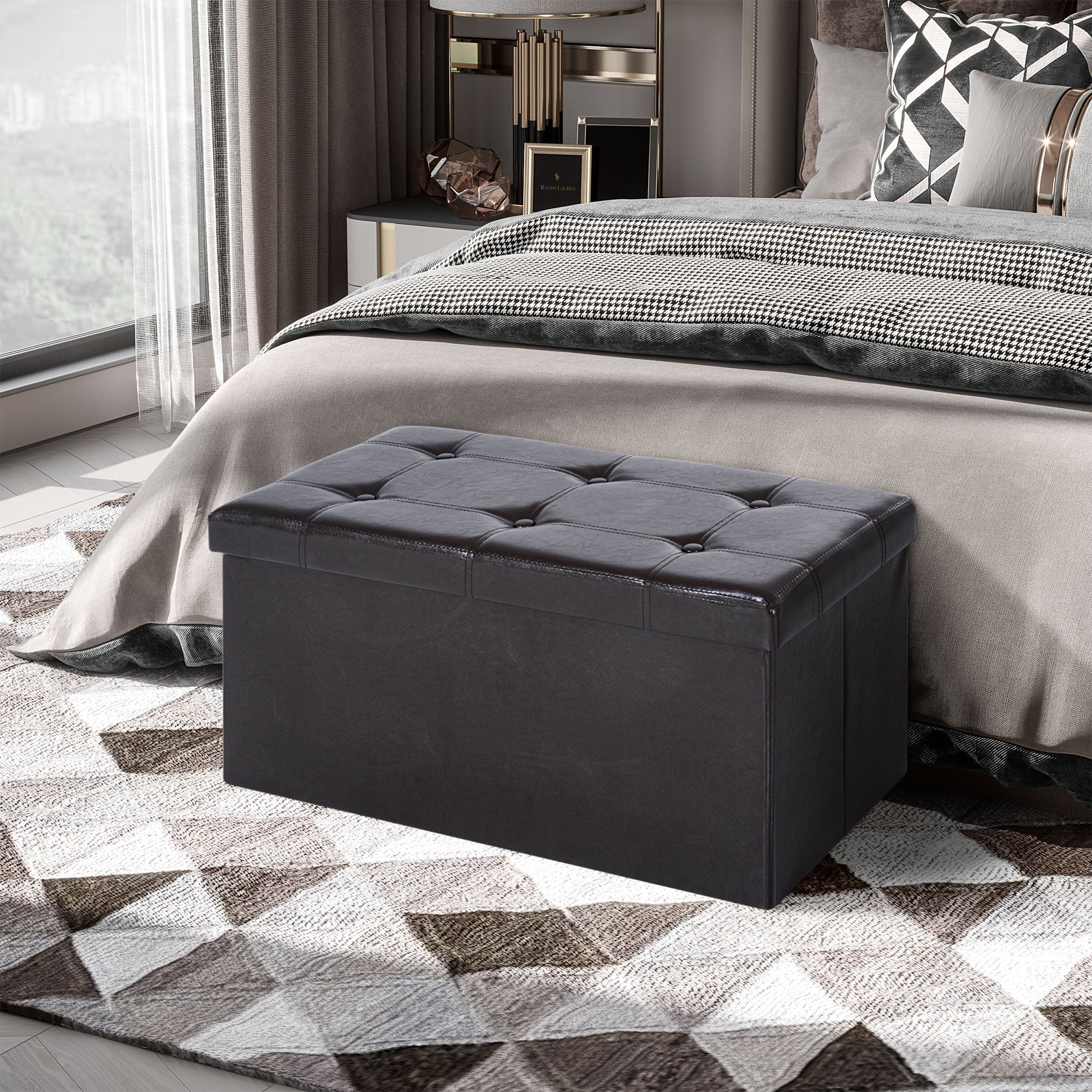 HOMCOM Folding Faux Leather Storage Cube Ottoman Bench Seat PU Rectangular Footrest Stool Box (Brown) - North Peak Garden Furniture