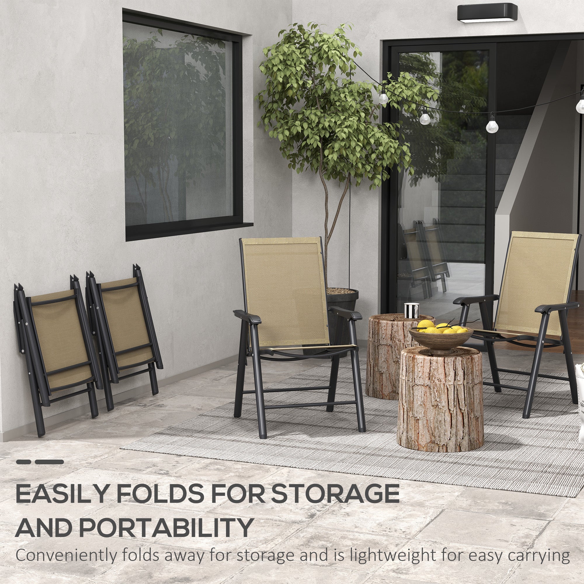 Outsunny Set of 4 Foldable Metal Garden Chairs Outdoor Patio Park Dining Seat Furniture Light Brown - North Peak Garden Furniture