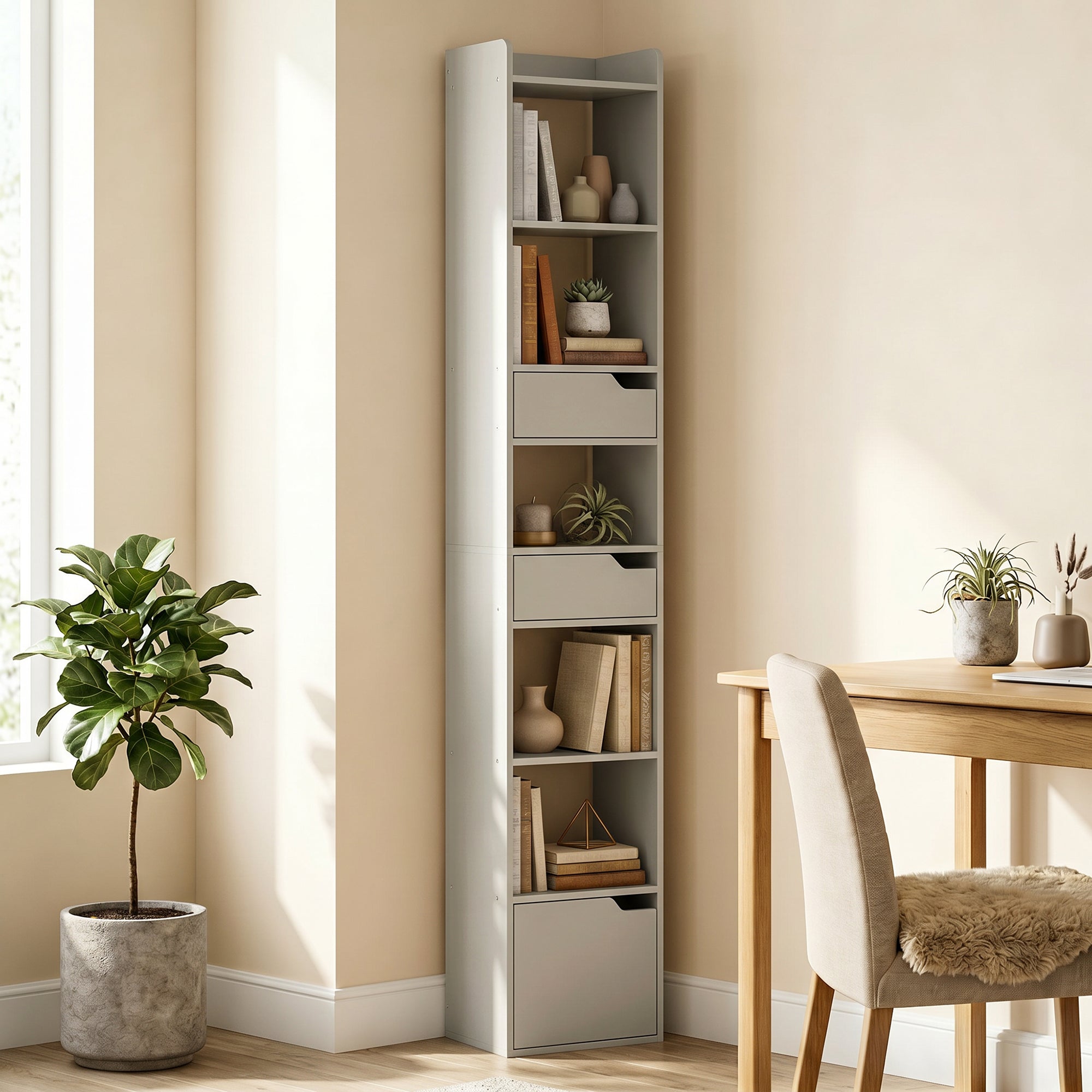 HOMCOM Bookcase Tall Narrow with 5 Tiers and Drawers Freestanding Bookshelf Storage Cabinet for Living Room Grey