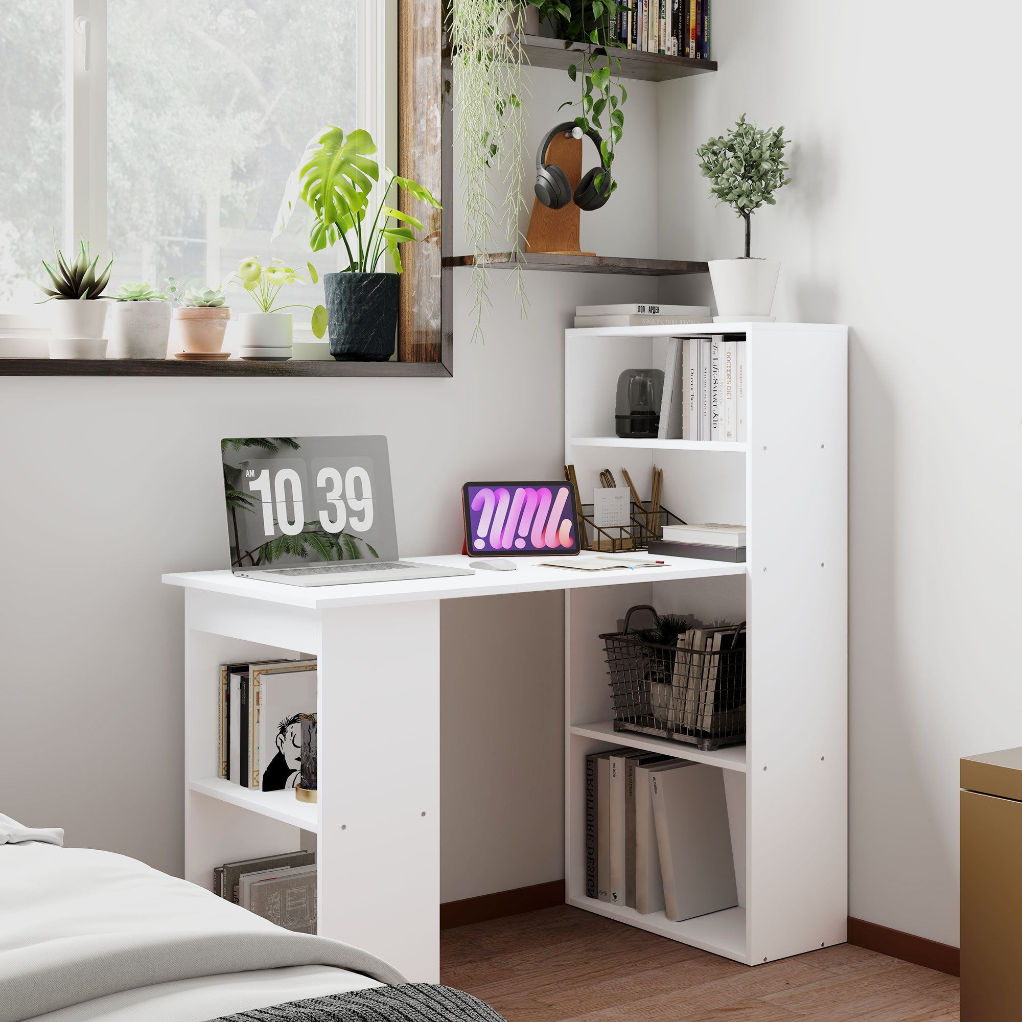 HOMCOM 120cm Modern Computer Desk Bookshelf Study Table Workstation PC Laptop Writing Home Office 6 Shelves White - North Peak Garden Furniture