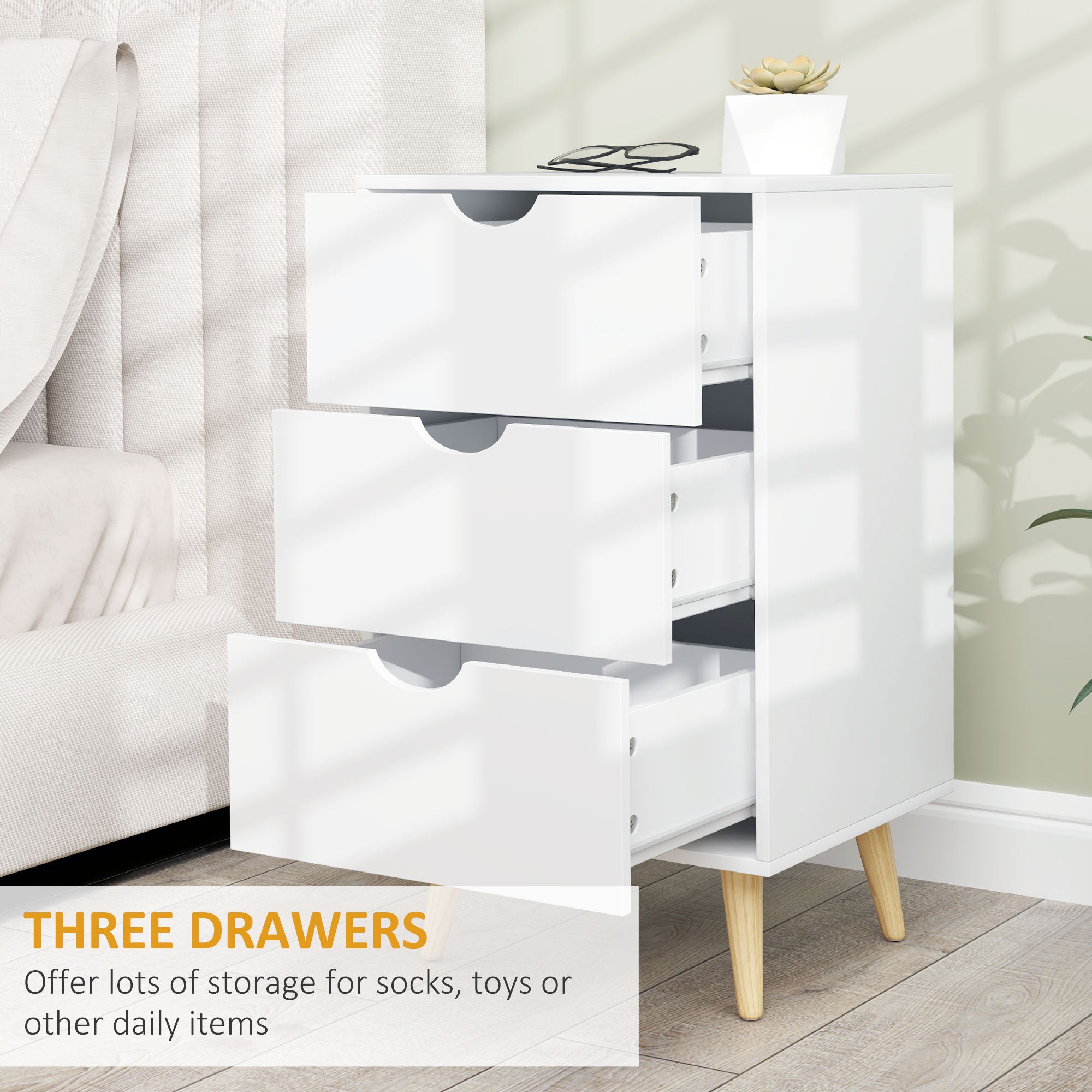 HOMCOM Bedside Table, Bedside Cabinet with 3 Drawers, Small Side Table with Wood Legs and Cut-out Handles for Bedroom, Cream White - North Peak Garden Furniture