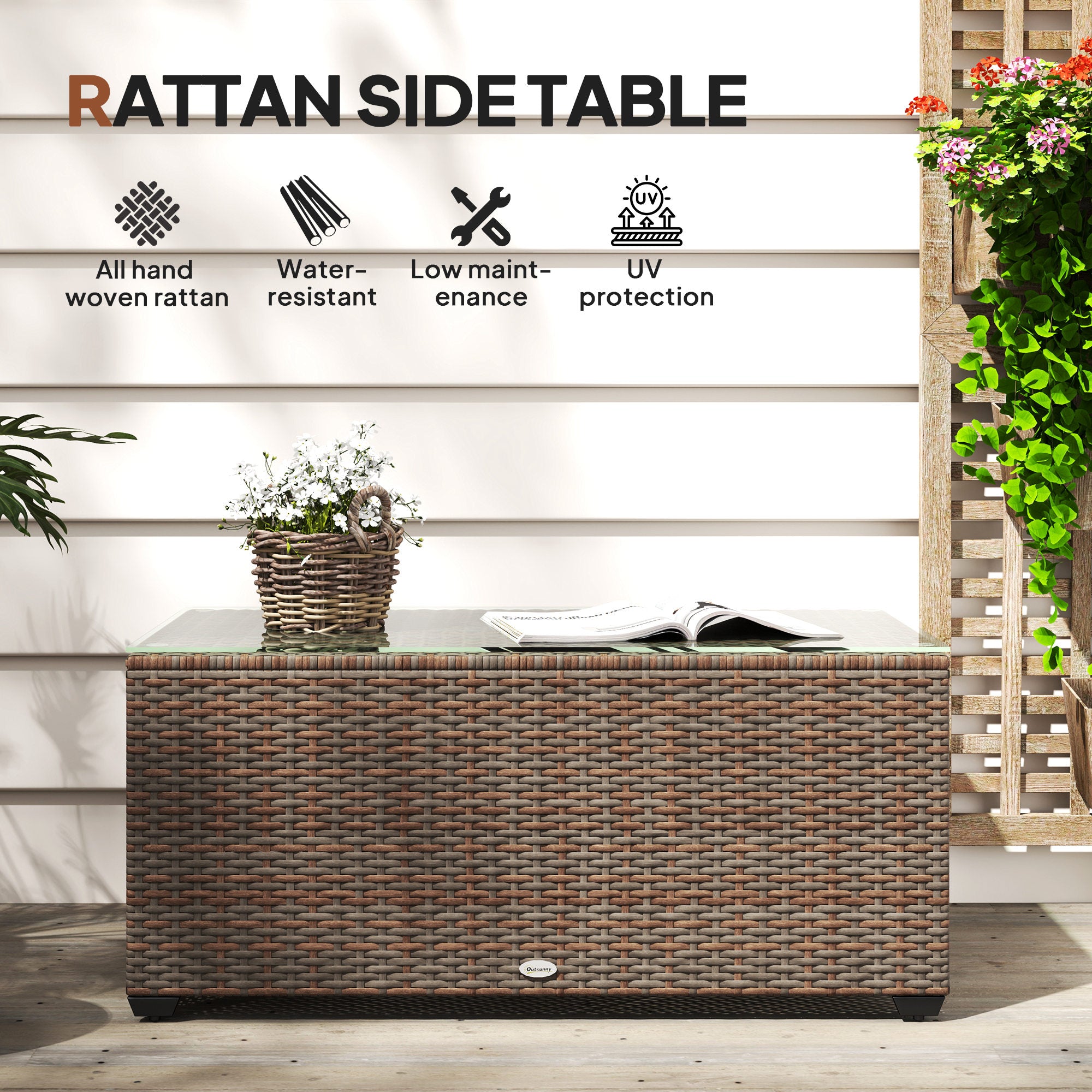 Outsunny 90 x 50cm Glass-Top Rattan Side Table - Brown - North Peak Garden Furniture
